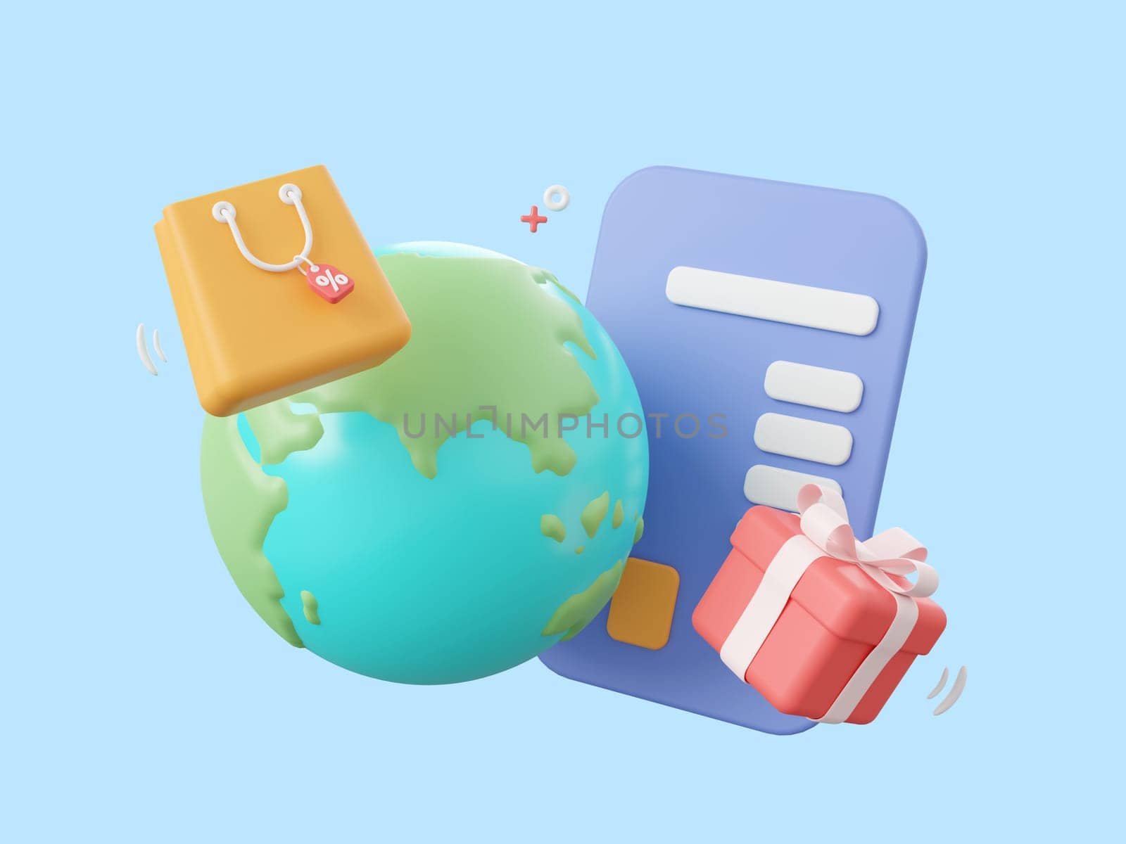 3d cartoon design illustration of Global shopping and payment by credit card around the world. by nutzchotwarut