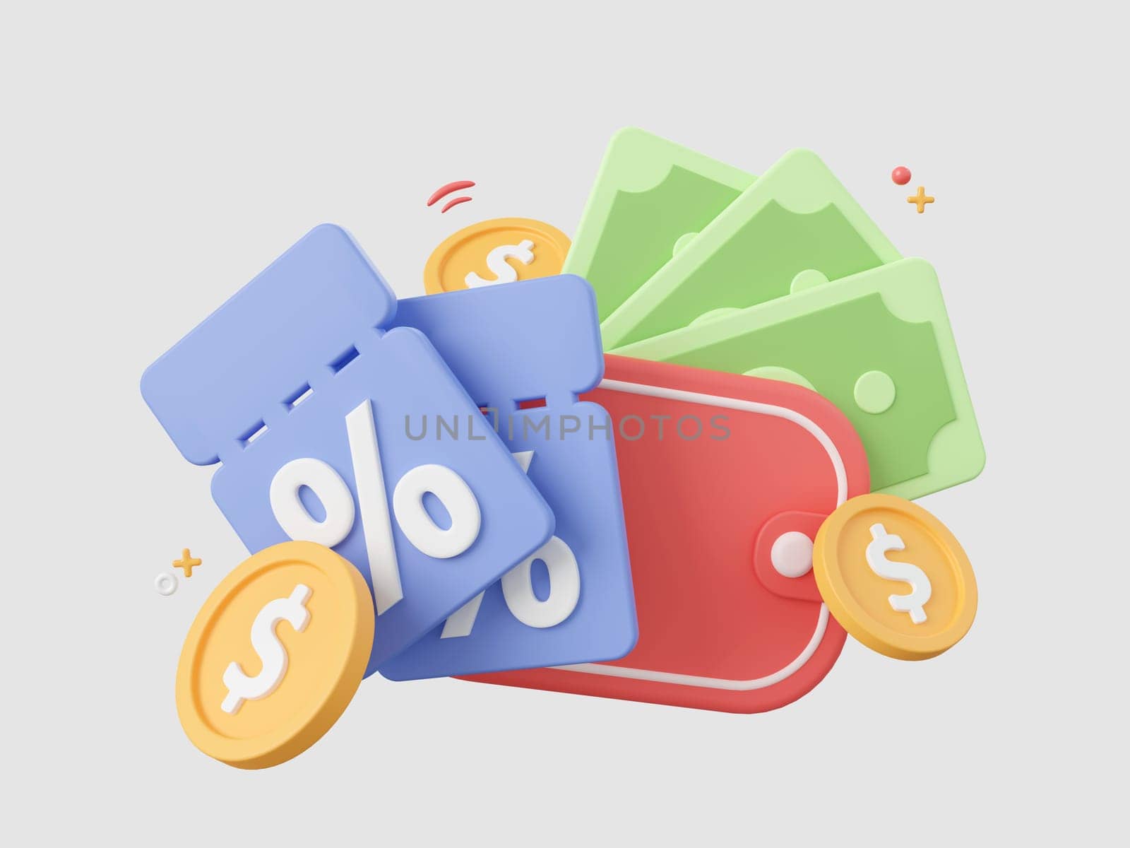 3d cartoon design illustration of Money wallet with discount code, Shopping and money online concept.
