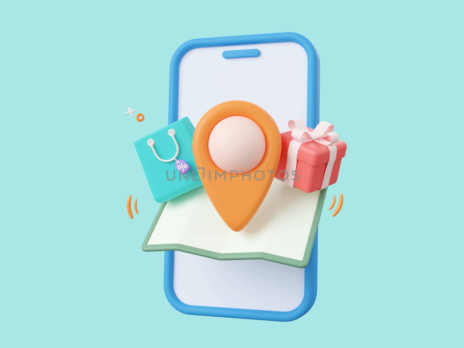 3d cartoon design illustration of Shopping online and delivery service on smartphone, Pin with shopping bag and parcel boxes on map. by nutzchotwarut