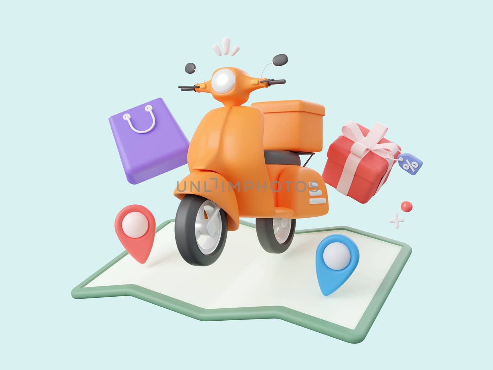 3d cartoon design illustration of Delivery service, Scooter shipping parcel box with pins on map.