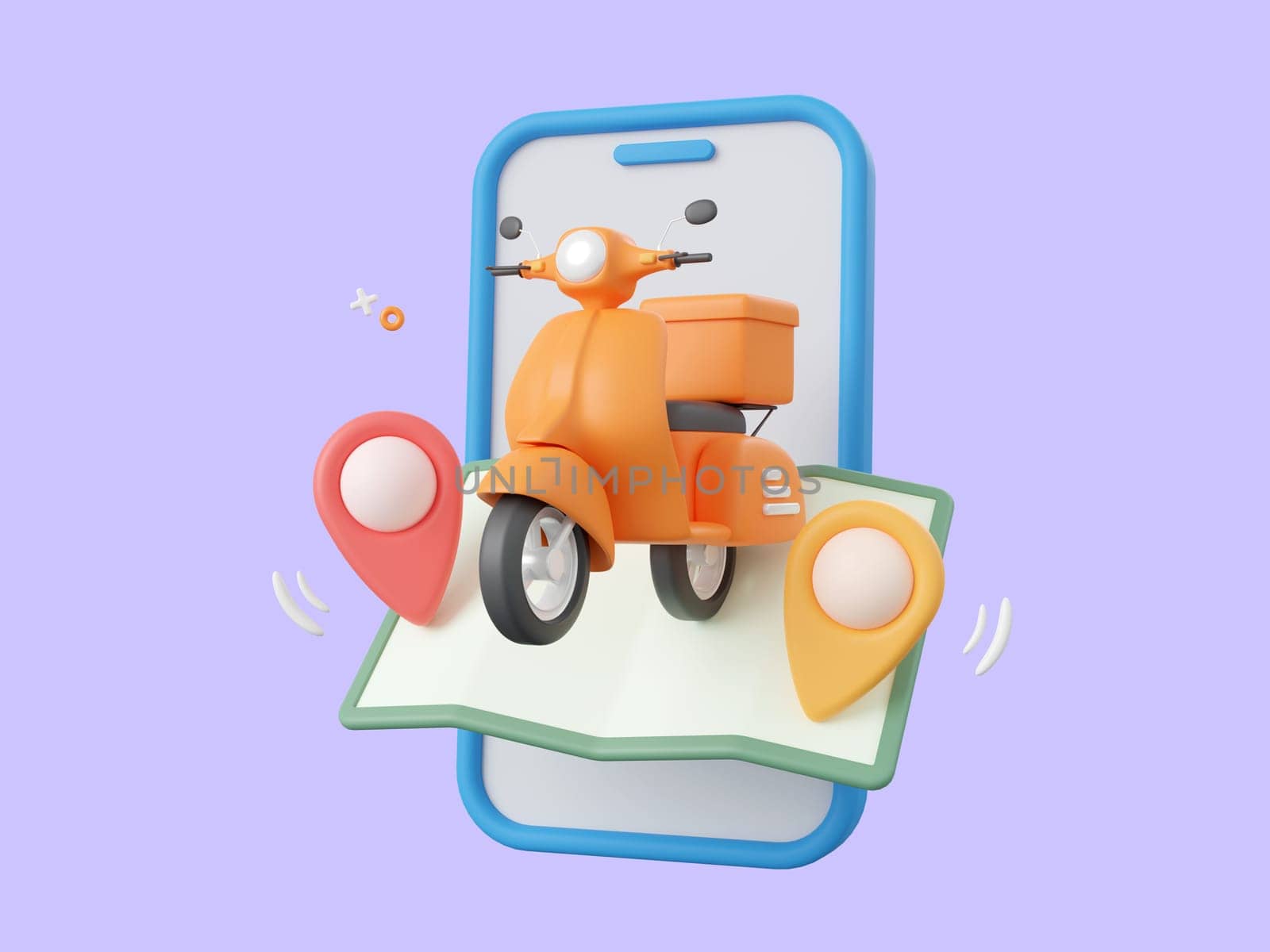 3d cartoon design illustration of Delivery service on mobile, Scooter with pins on map. by nutzchotwarut