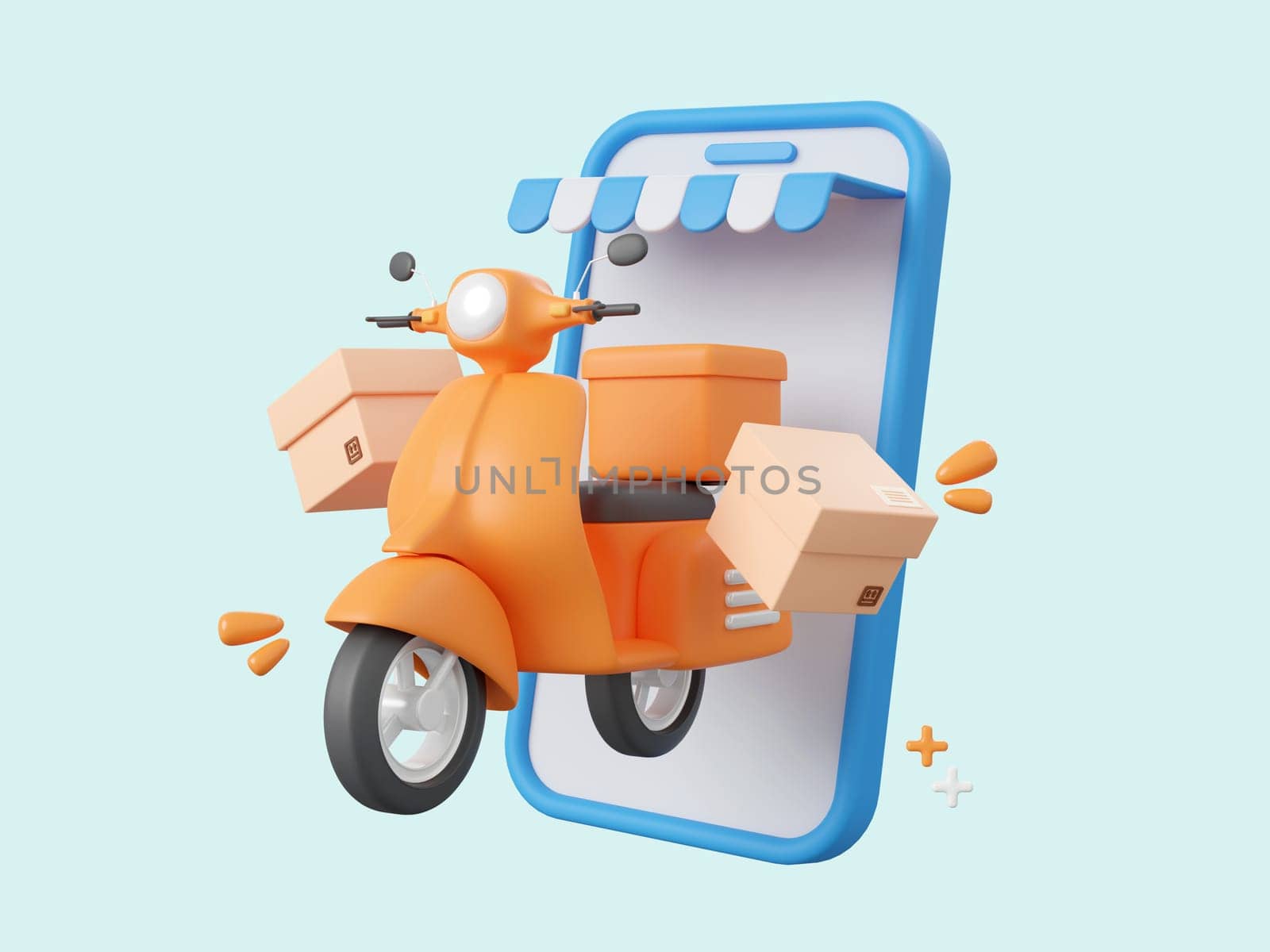 3d cartoon design illustration of Scooter shipping parcel boxes, Shopping and delivery service online on mobile.