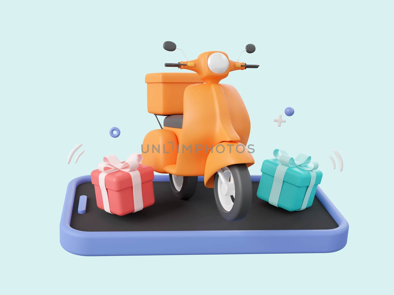 3d cartoon design illustration of Scooter shipping gift boxes, Delivery service online on mobile. by nutzchotwarut