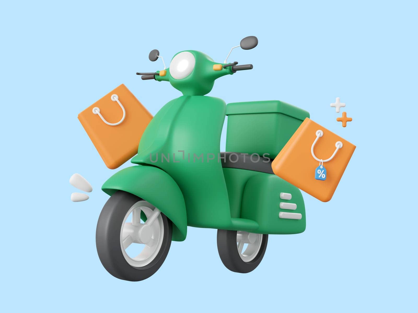 3d cartoon design illustration of Scooter with shopping bags, Scooter delivery service concept. by nutzchotwarut