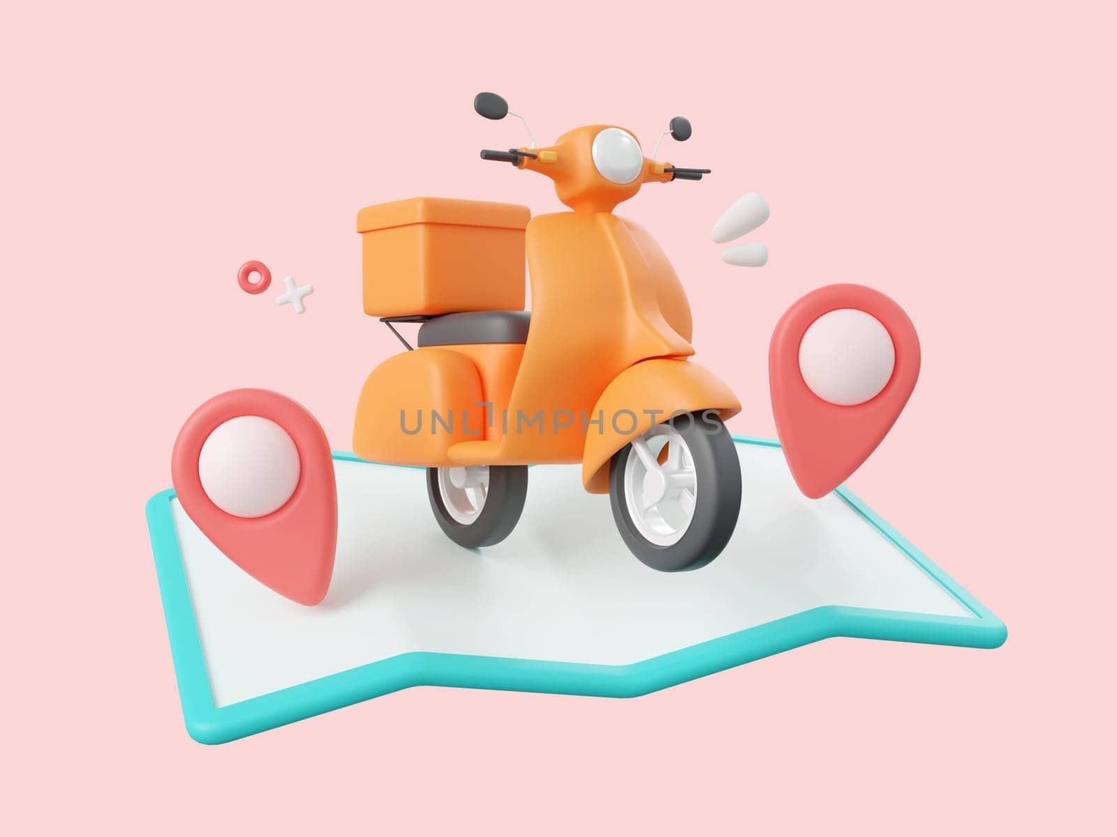 3d cartoon design illustration of Delivery service, Scooter with pins on map.