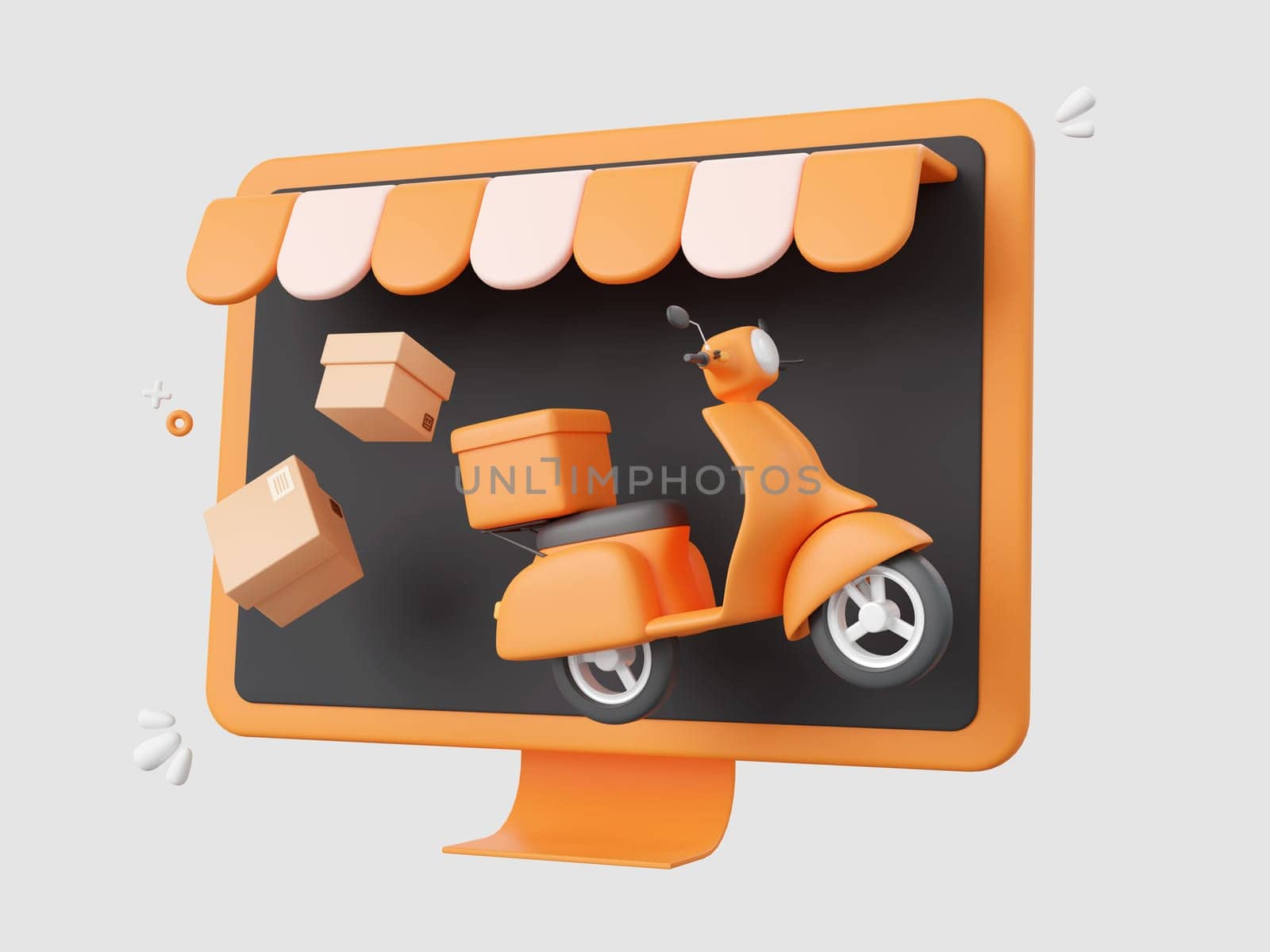 3d cartoon design illustration of Scooter shipping parcel boxes, Shopping and delivery service online. by nutzchotwarut