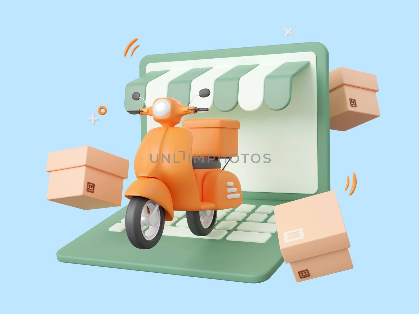 3d cartoon design illustration of Scooter shipping parcel boxes, Shopping and delivery service online. by nutzchotwarut