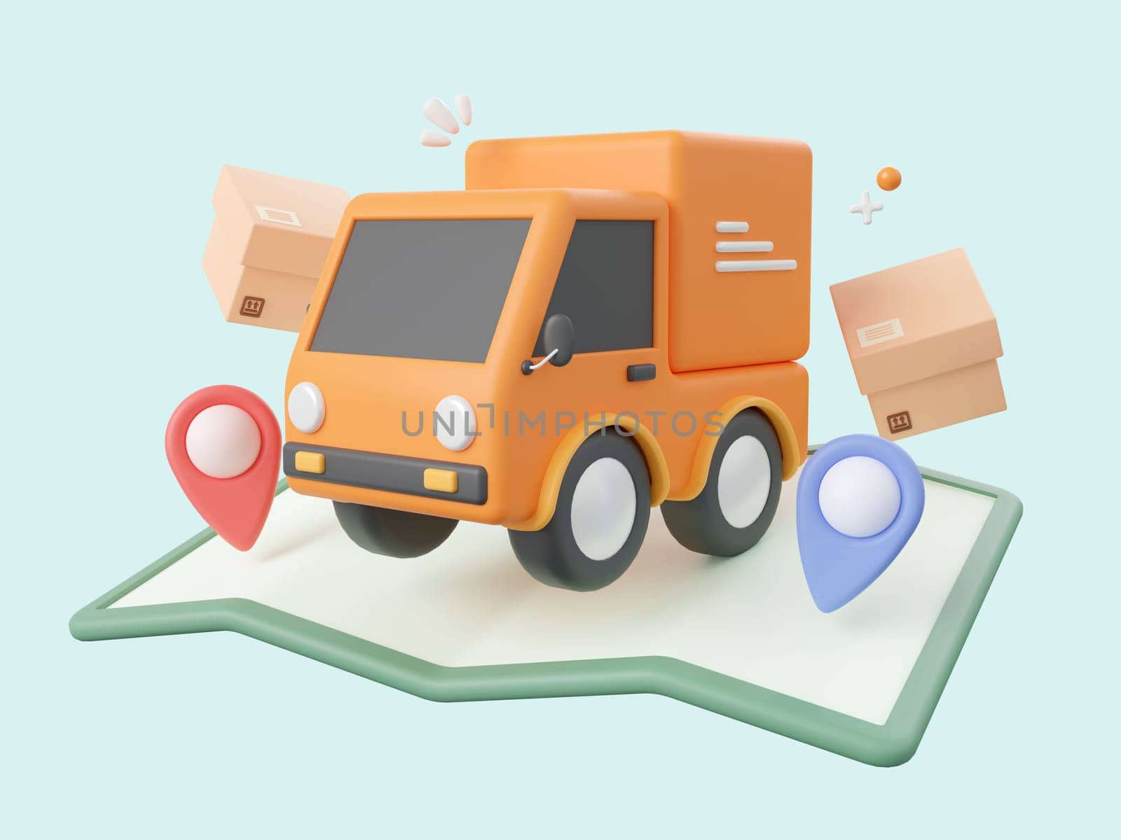 3d cartoon design illustration of Delivery service, Delivery truck shipping parcel box with pins on map.