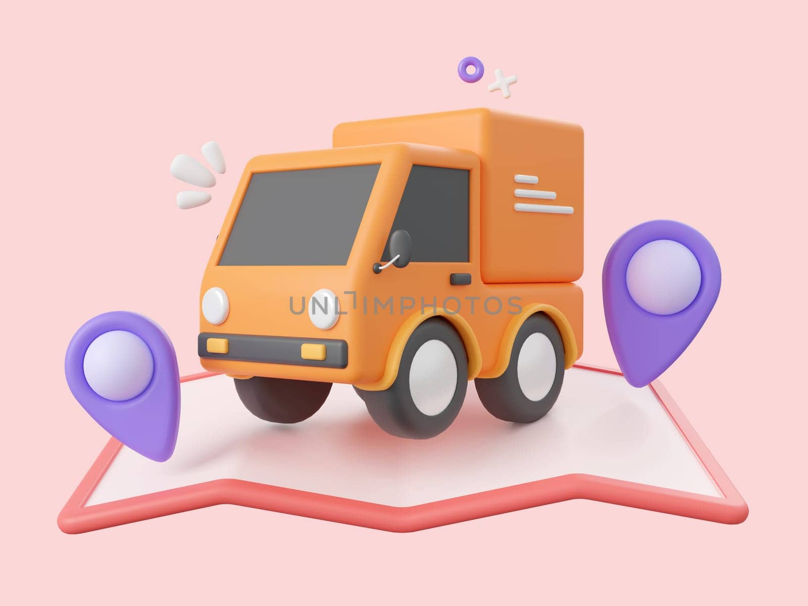 3d cartoon design illustration of Delivery service, Delivery truck with pins on map. by nutzchotwarut