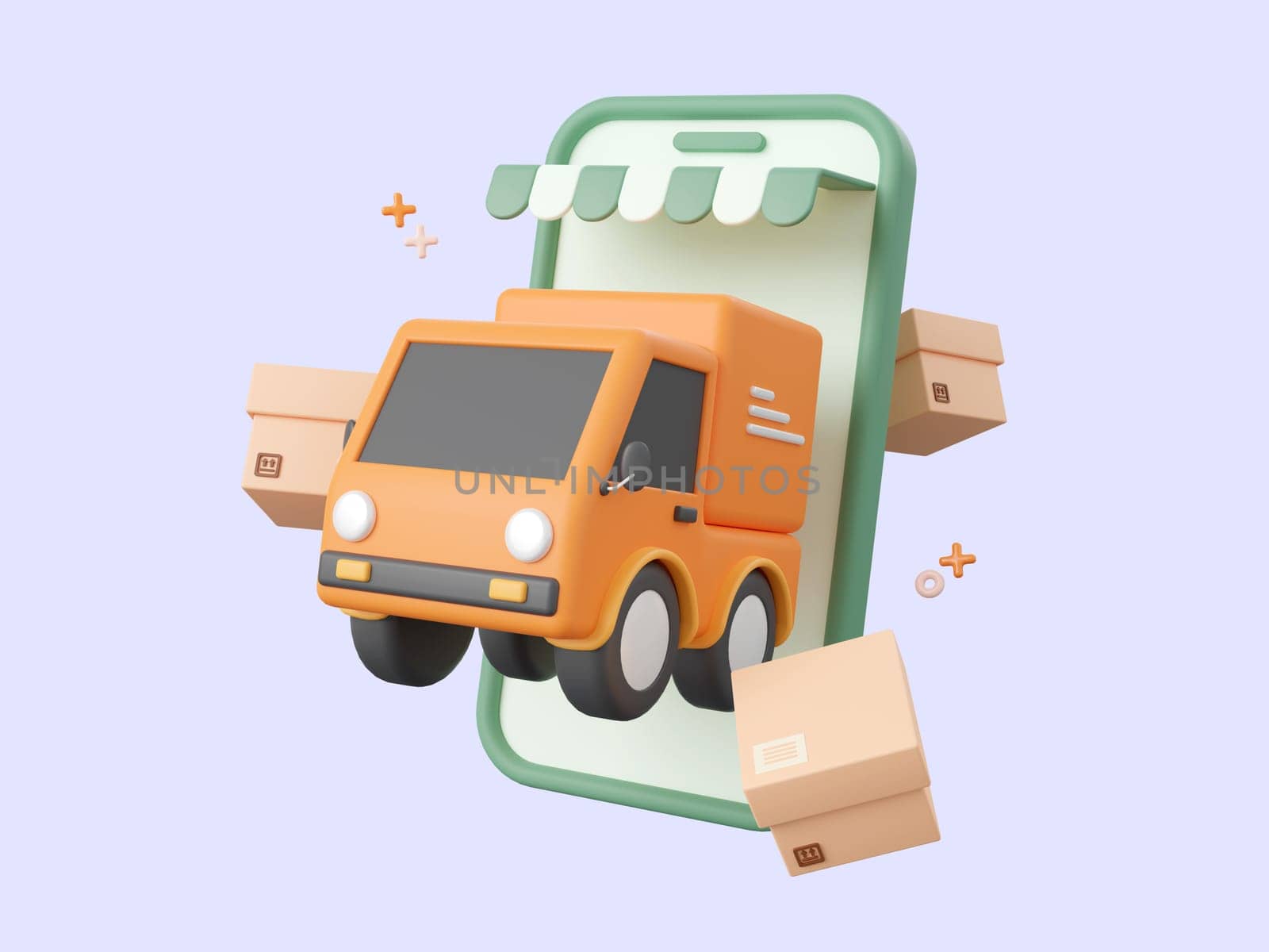 3d cartoon design illustration of Delivery truck shipping parcel boxes, Shopping and delivery service online.