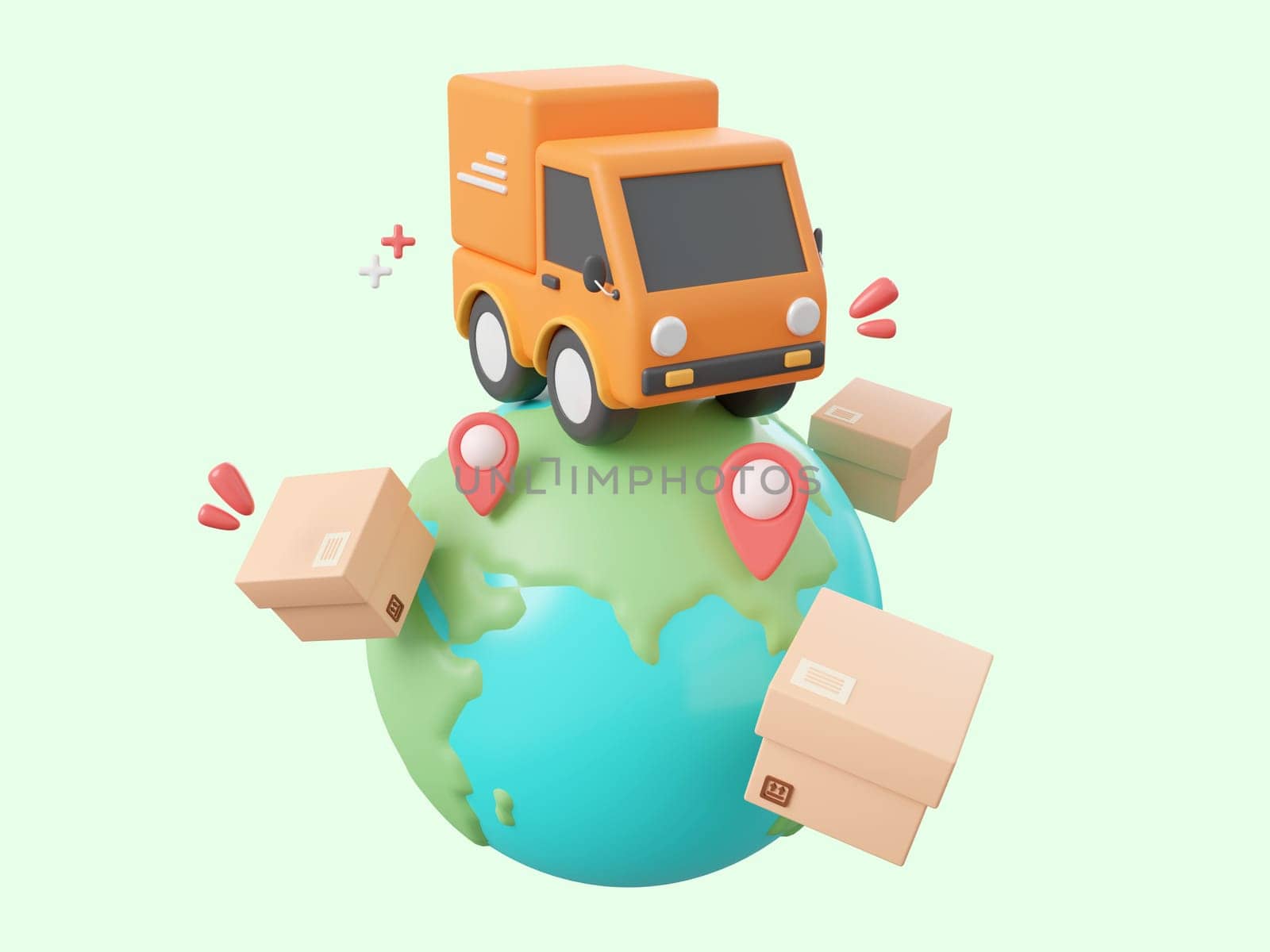 3d cartoon design illustration of Delivery truck shipping parcel boxes with pin on globe, Global shopping and delivery service concept. by nutzchotwarut
