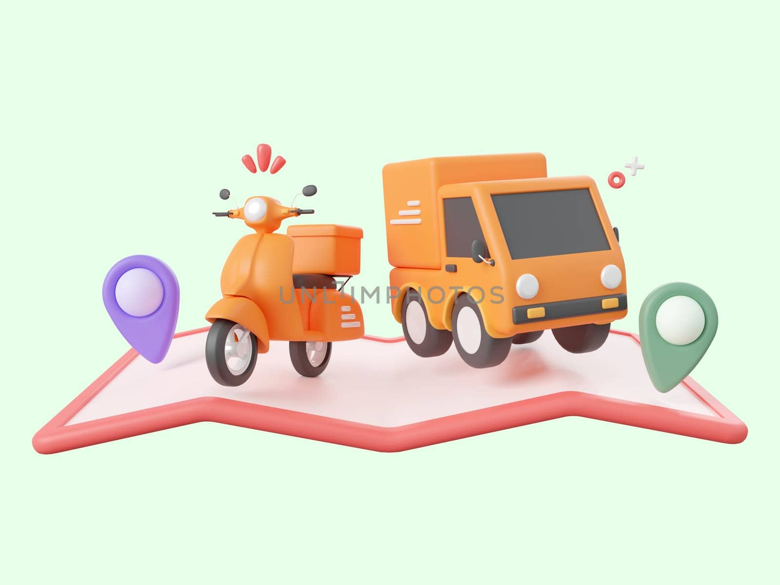 3d cartoon design illustration of Delivery service, Delivery truck and scooter with pins on map.