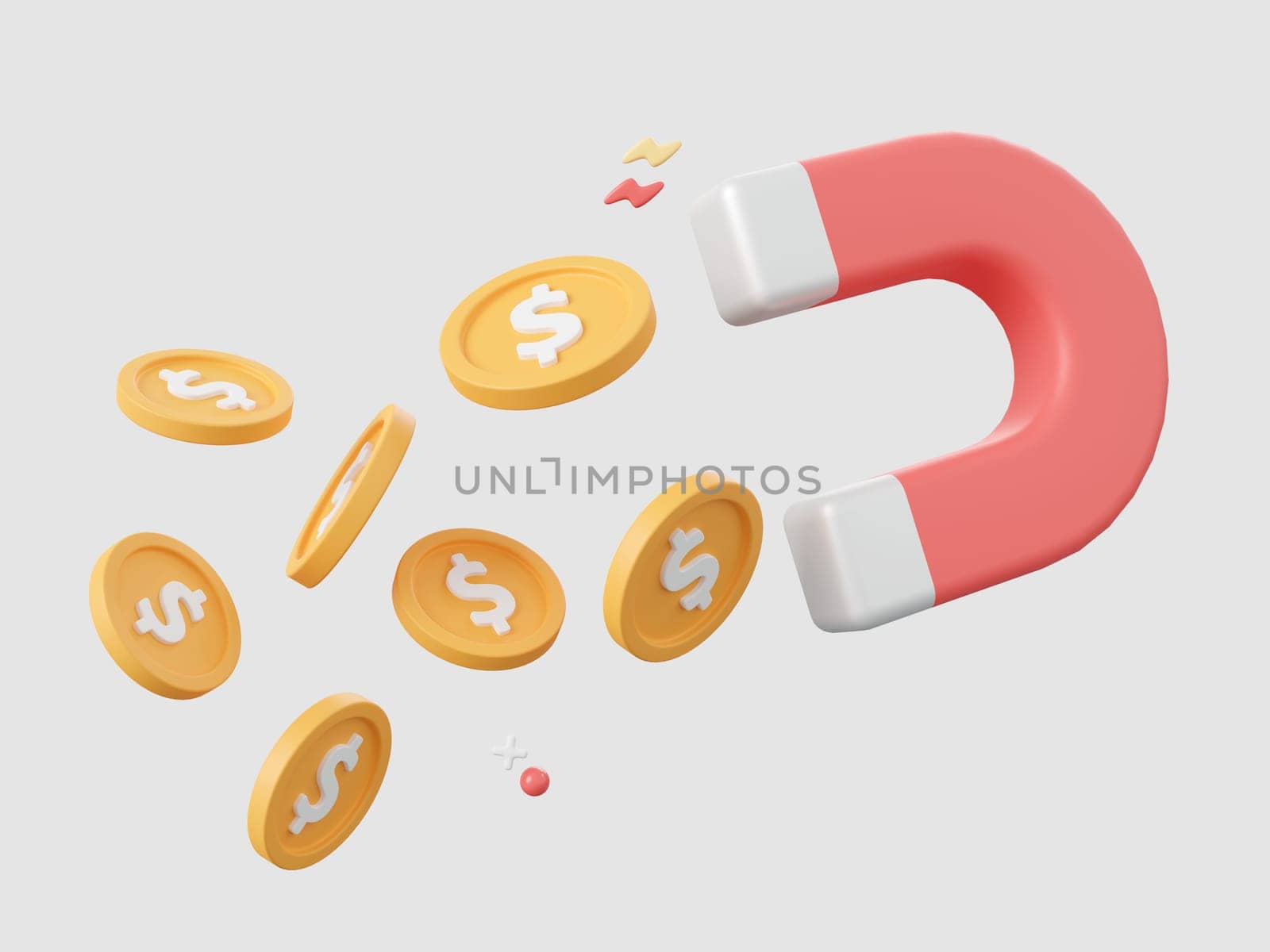 3d cartoon design illustration of Magnet attracts gold coins, Investment concept.