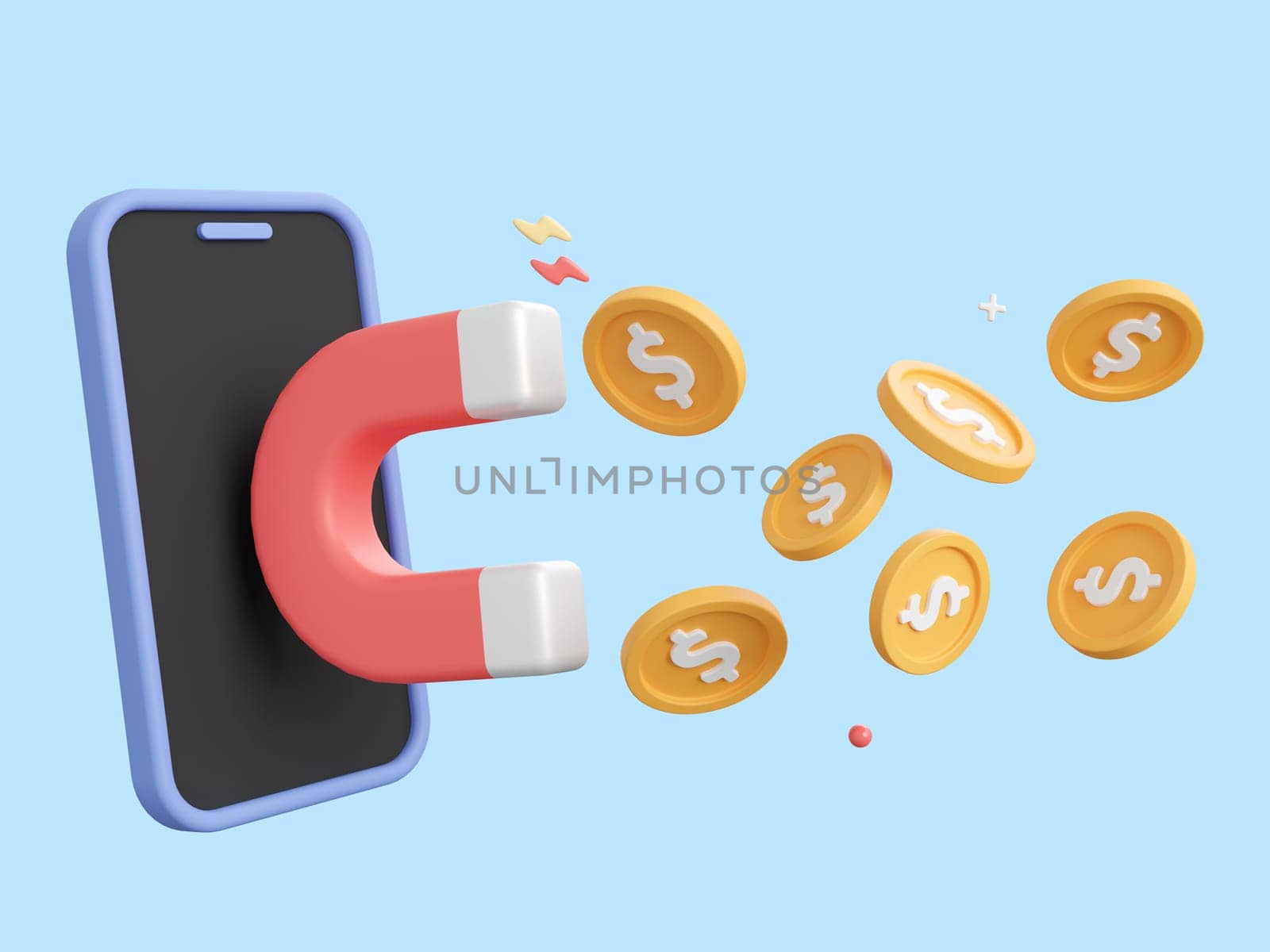 3d cartoon design illustration of Smartphone with magnet attracts gold coins, Investment concept.
