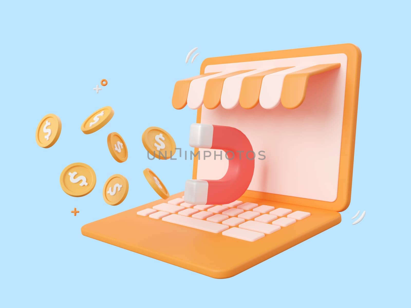 3d cartoon design illustration of Laptop store with magnet attracts gold coins. by nutzchotwarut