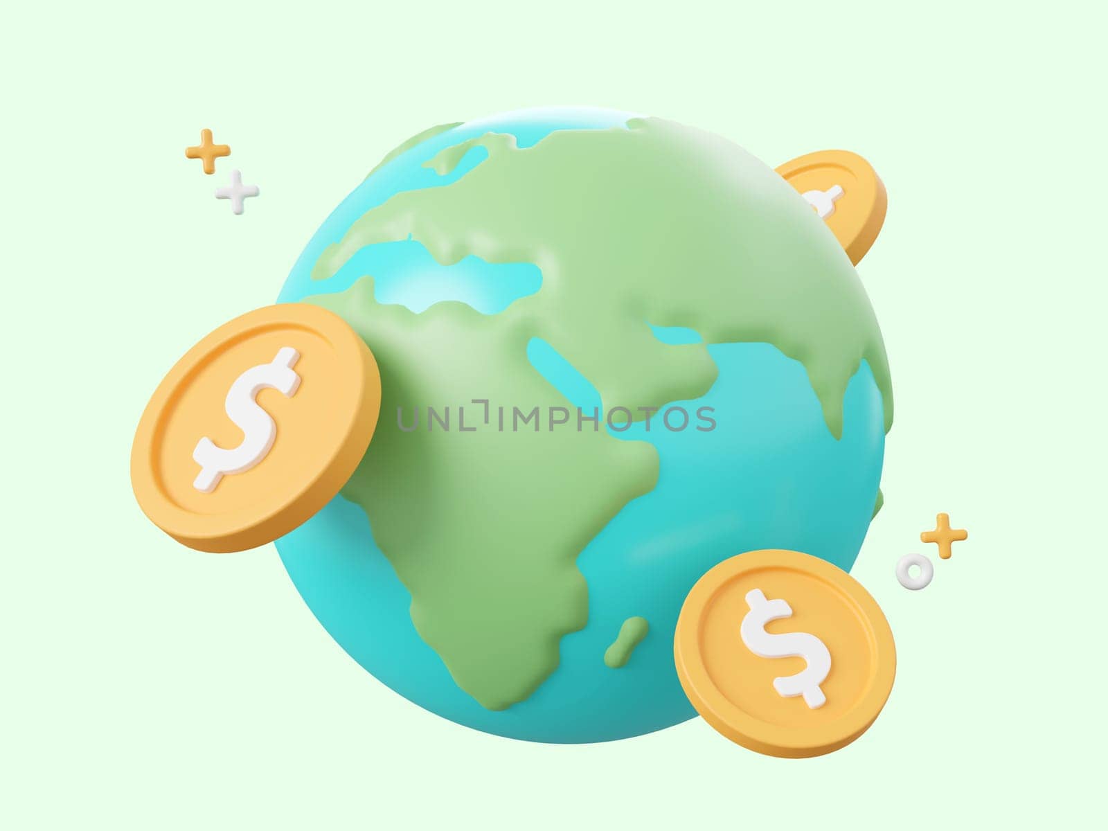 3d cartoon design illustration of Globe with dollar coins, Investment and savings concept. by nutzchotwarut