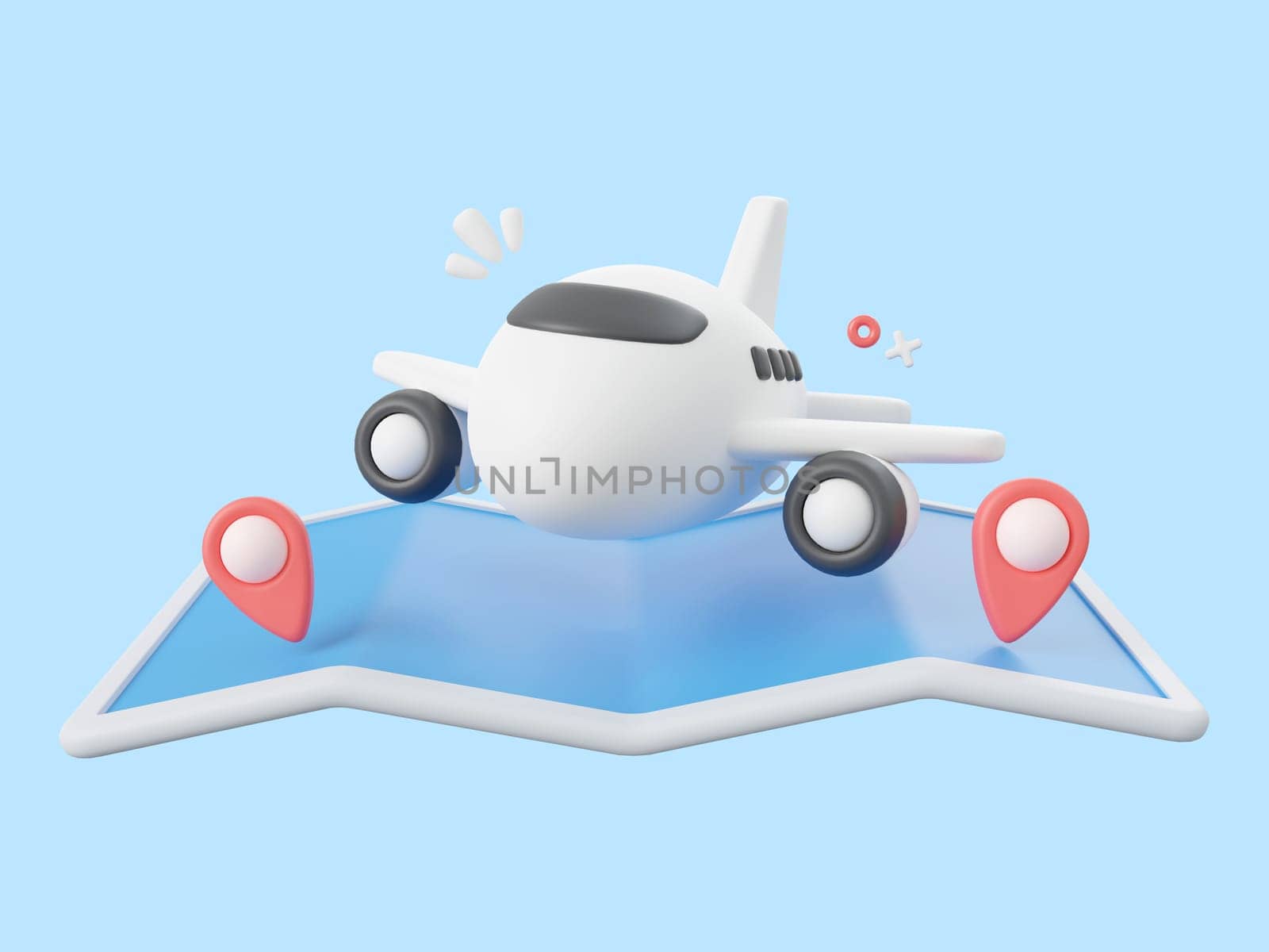3d cartoon design illustration of Airplane with pins on map.