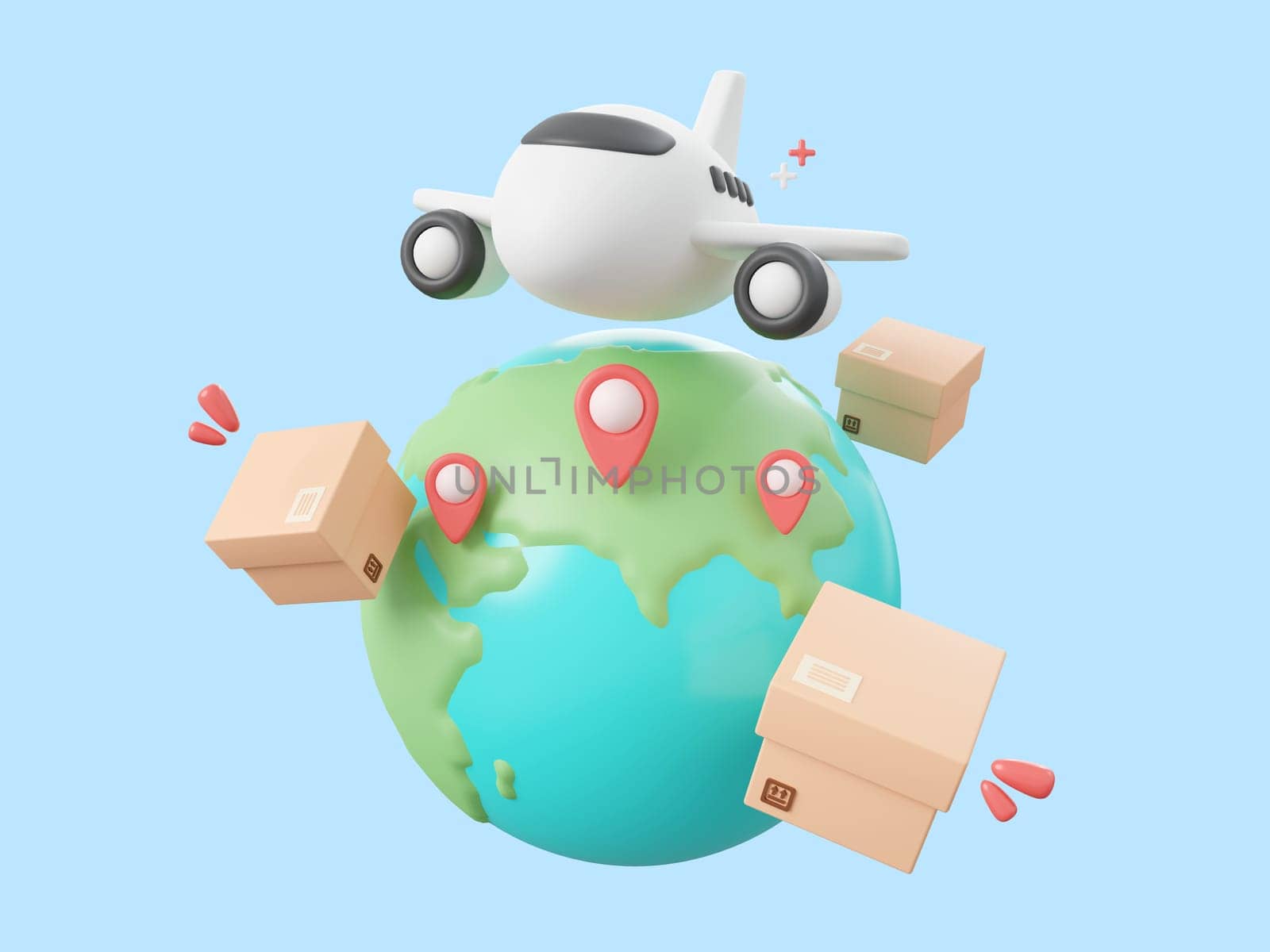 3d cartoon design illustration of Delivery airplane shipping parcel boxes with pin on globe, Global shopping and delivery service concept. by nutzchotwarut