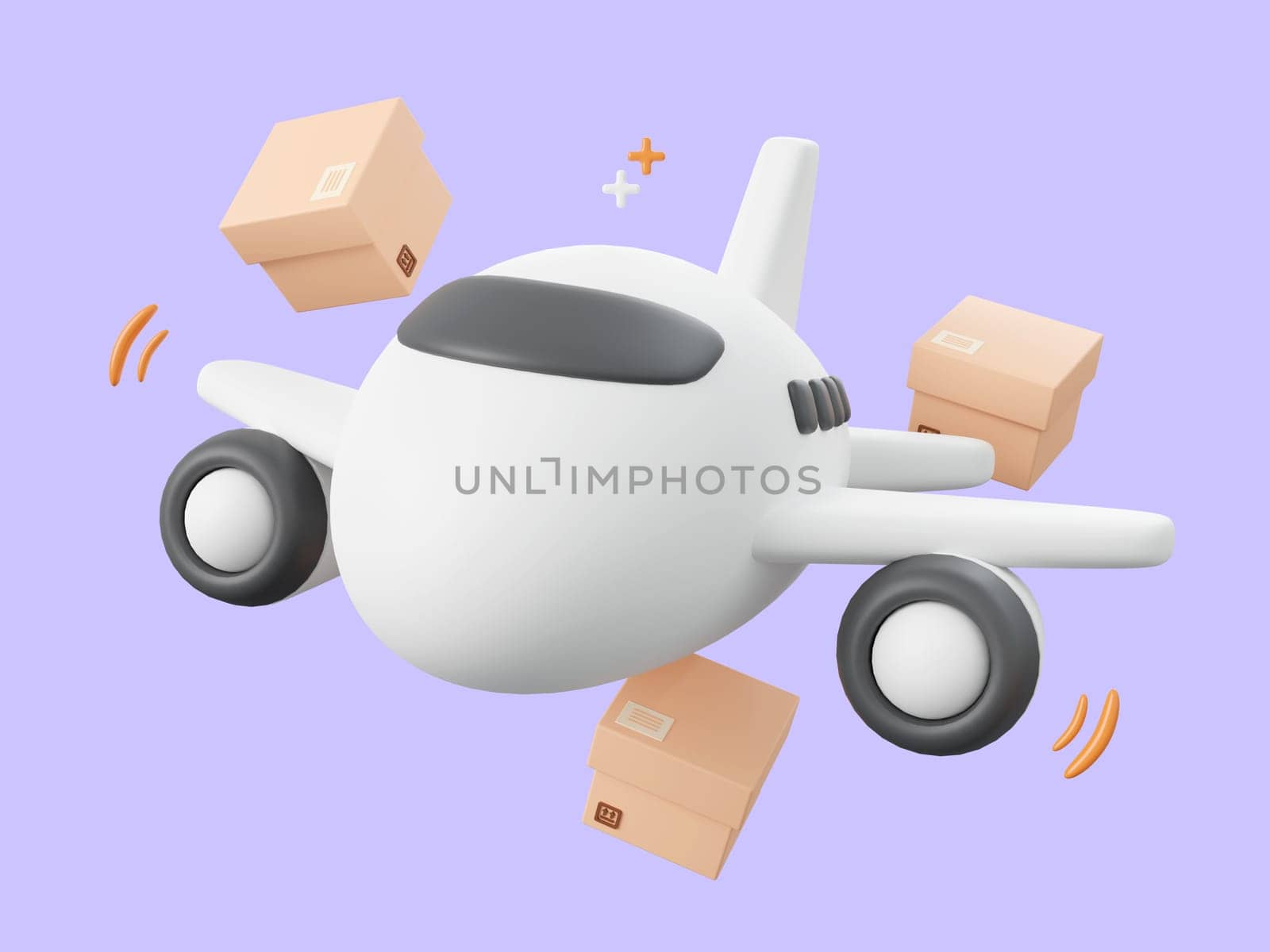 3d cartoon design illustration of Delivery airplane shipping parcel boxes, Global shopping and delivery service concept.