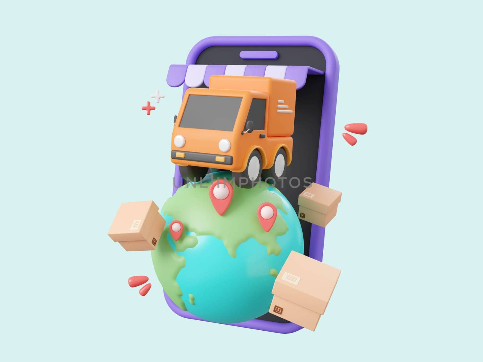 3d cartoon design illustration of Delivery truck shipping parcel boxes, Global shopping and delivery online service concept.
