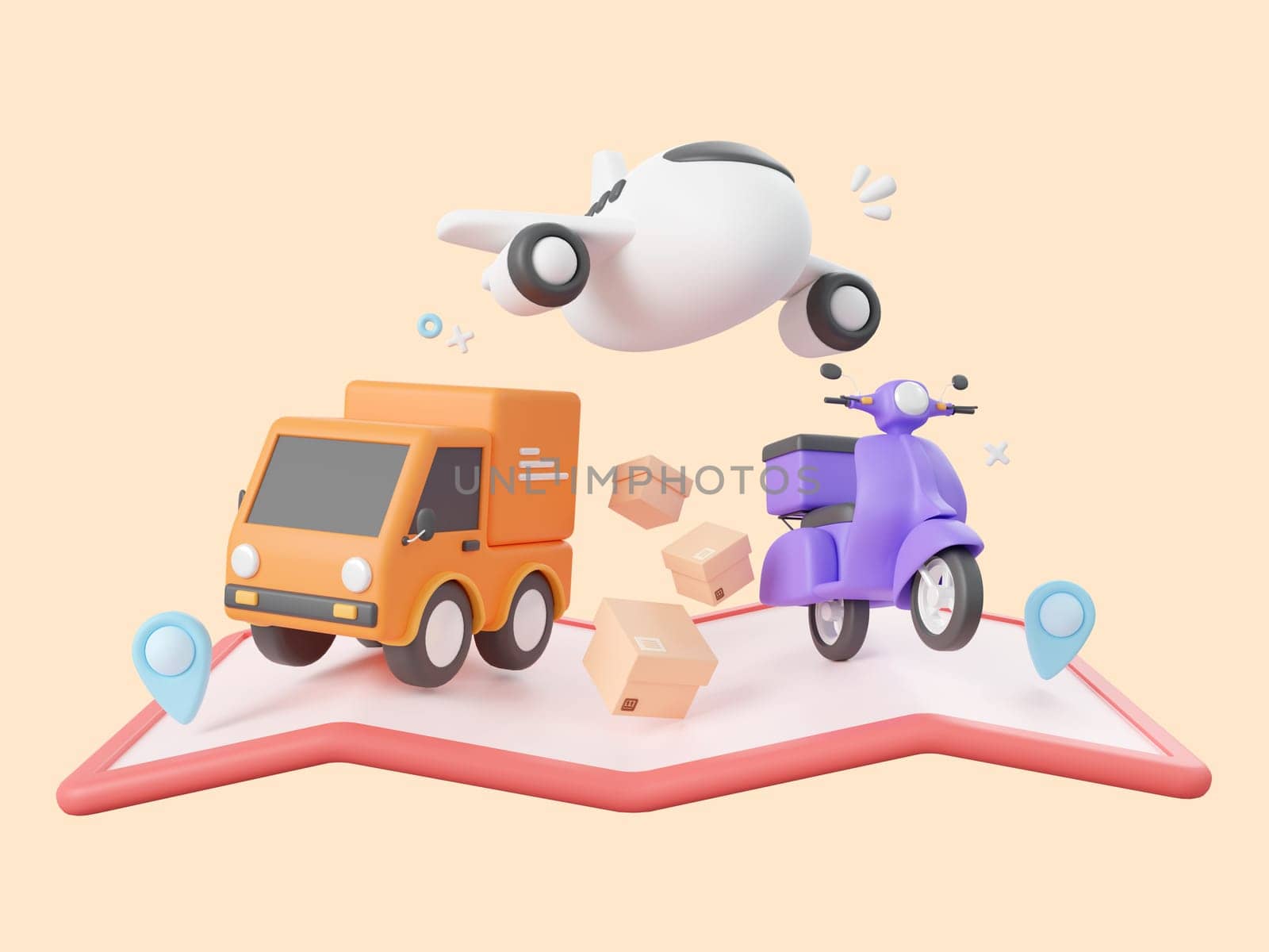 3d cartoon design illustration of Delivery service, Delivery airplane, truck and scooter with pins on map. by nutzchotwarut