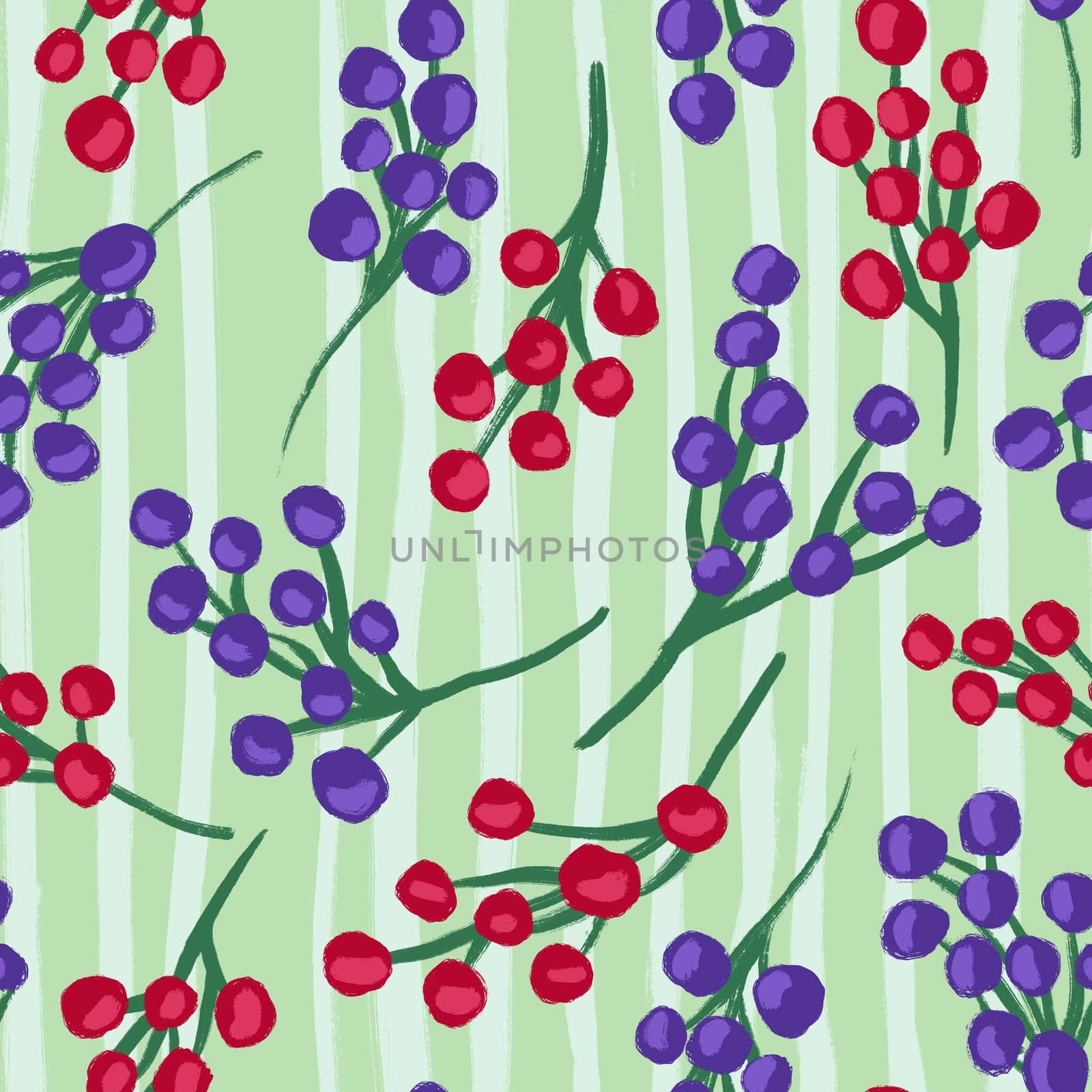 Hand drawn seamless pattern with red black currants berries on green stripes background. Summer berry food on striped pastel print, tasty garden design for kitchen cottagecore fabric wrapping paper textile