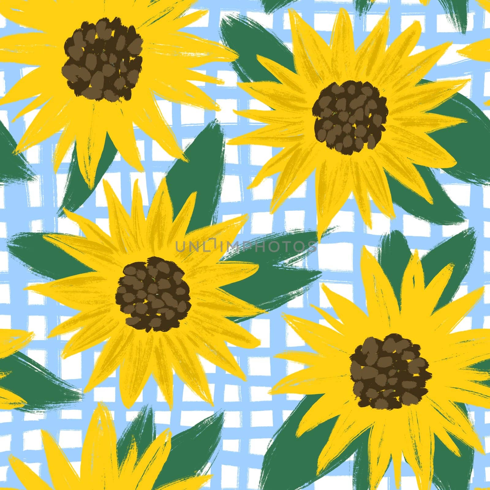 Seamless hand drawn pattern with summer natural sunflowers flowers on blue plaid background. Bright vibrant summer floral background. Retro decor, blooming nature cottagecore