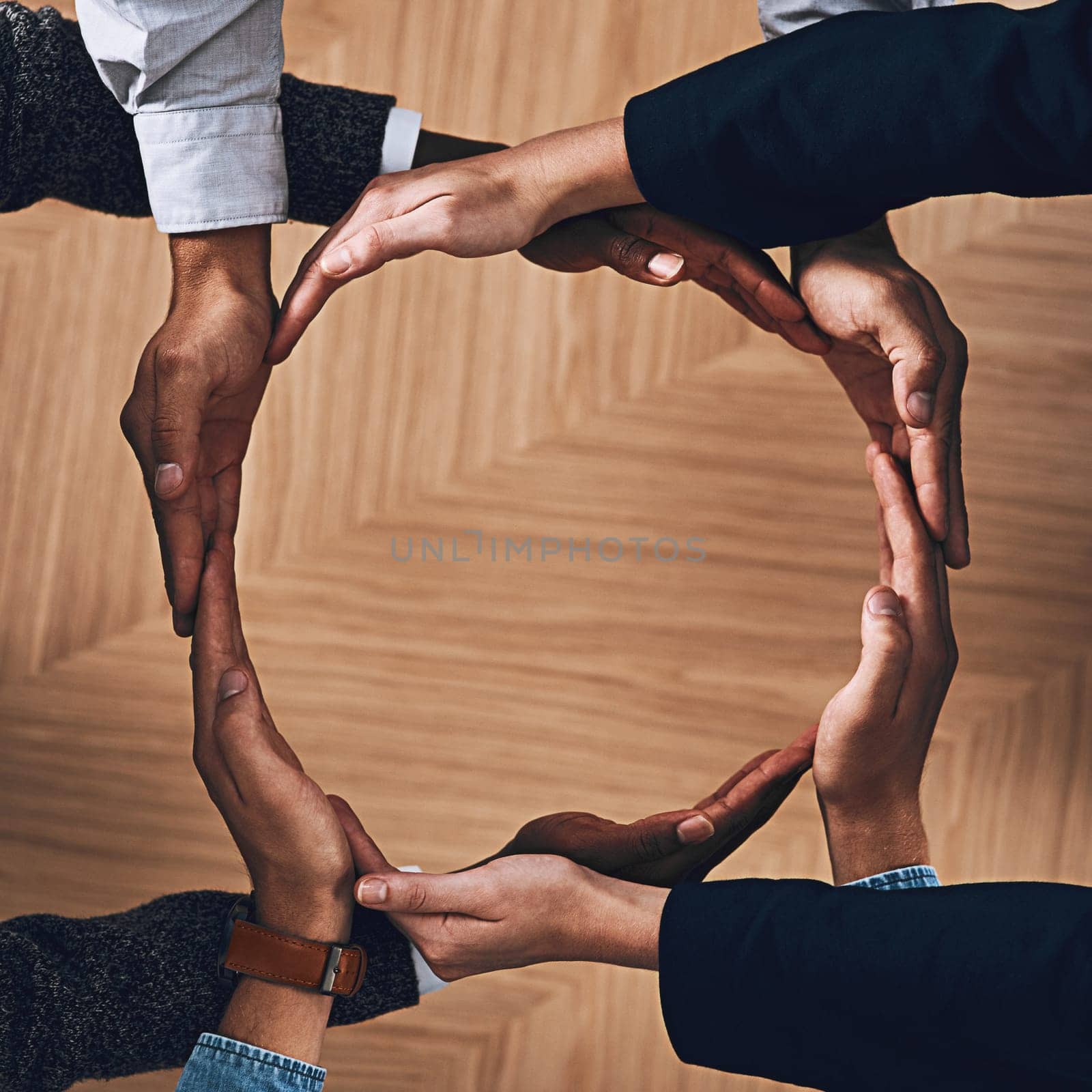 Above, recycle or hands of business people in circle for motivation, support or sustainability in office. Teamwork, recycling or employees for sustainable goals, community help or partnership group by YuriArcurs