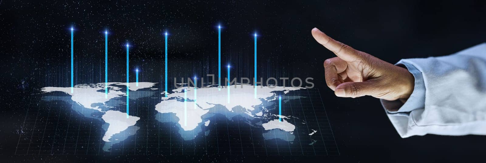 Doctor, finger or 3d world in healthcare networking, digital help or life insurance community on isolated black background. Zoom, medical or futuristic map in global hospital, woman or iot consulting by YuriArcurs