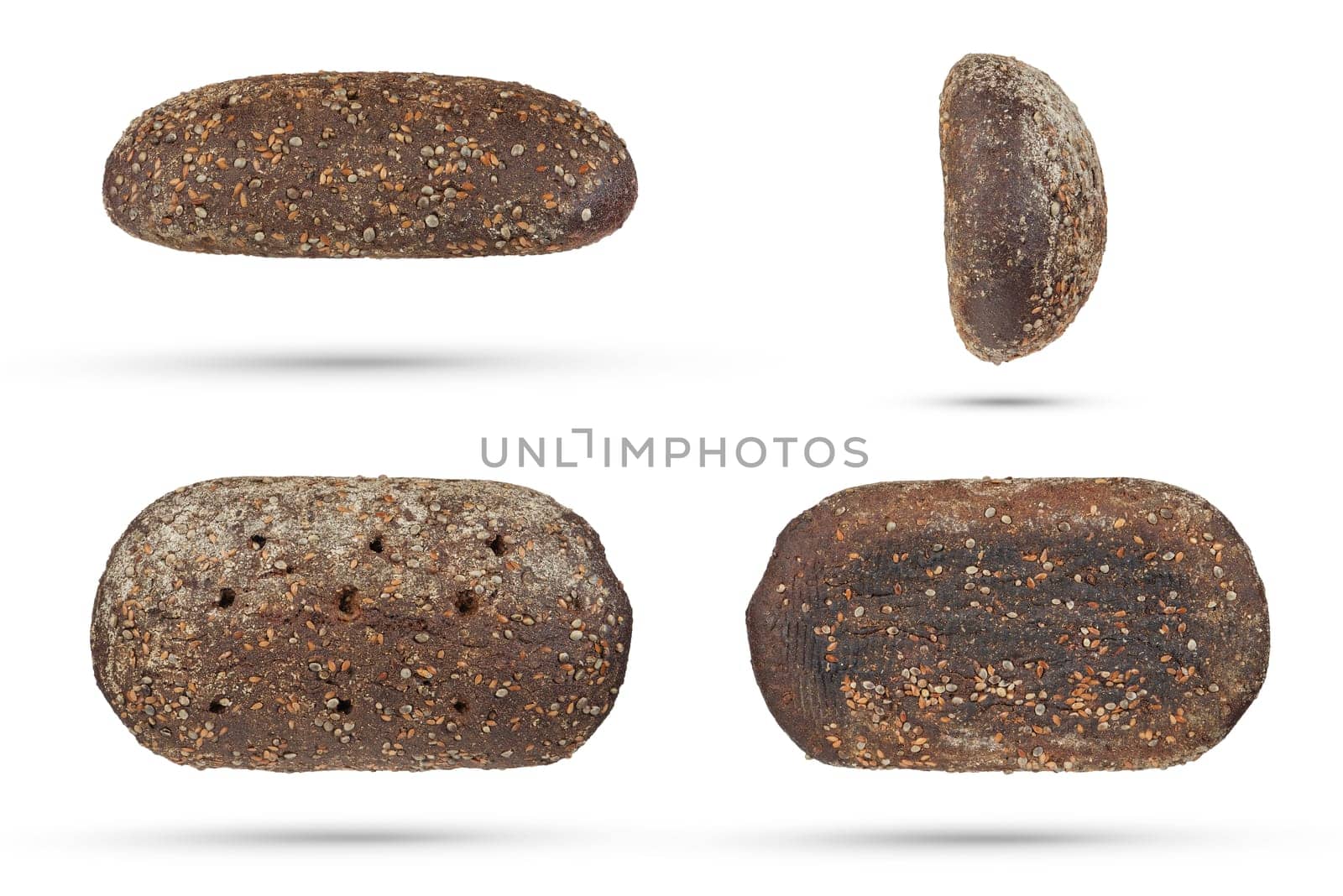 Set of black loaves of bread on a white isolated background. Loaves of black fresh bread with cannabis seeds. Top view, bottom view and side view