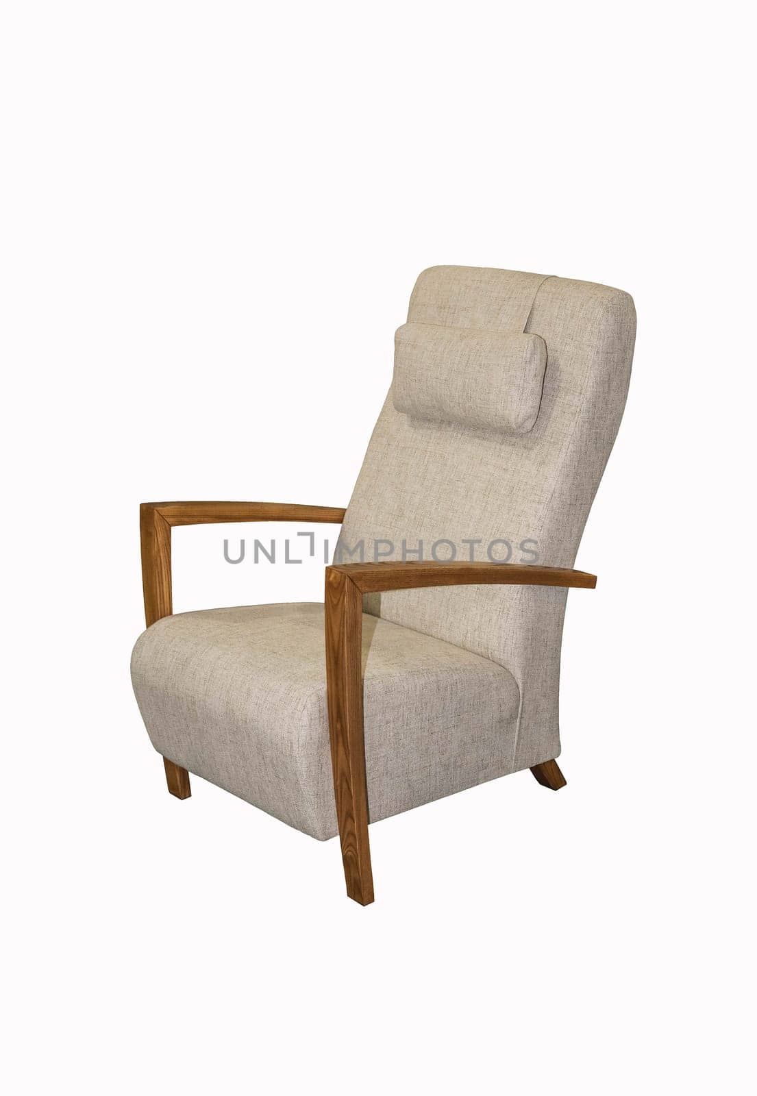 Comfortable gray armchair with wooden armrests on white background. Interior element