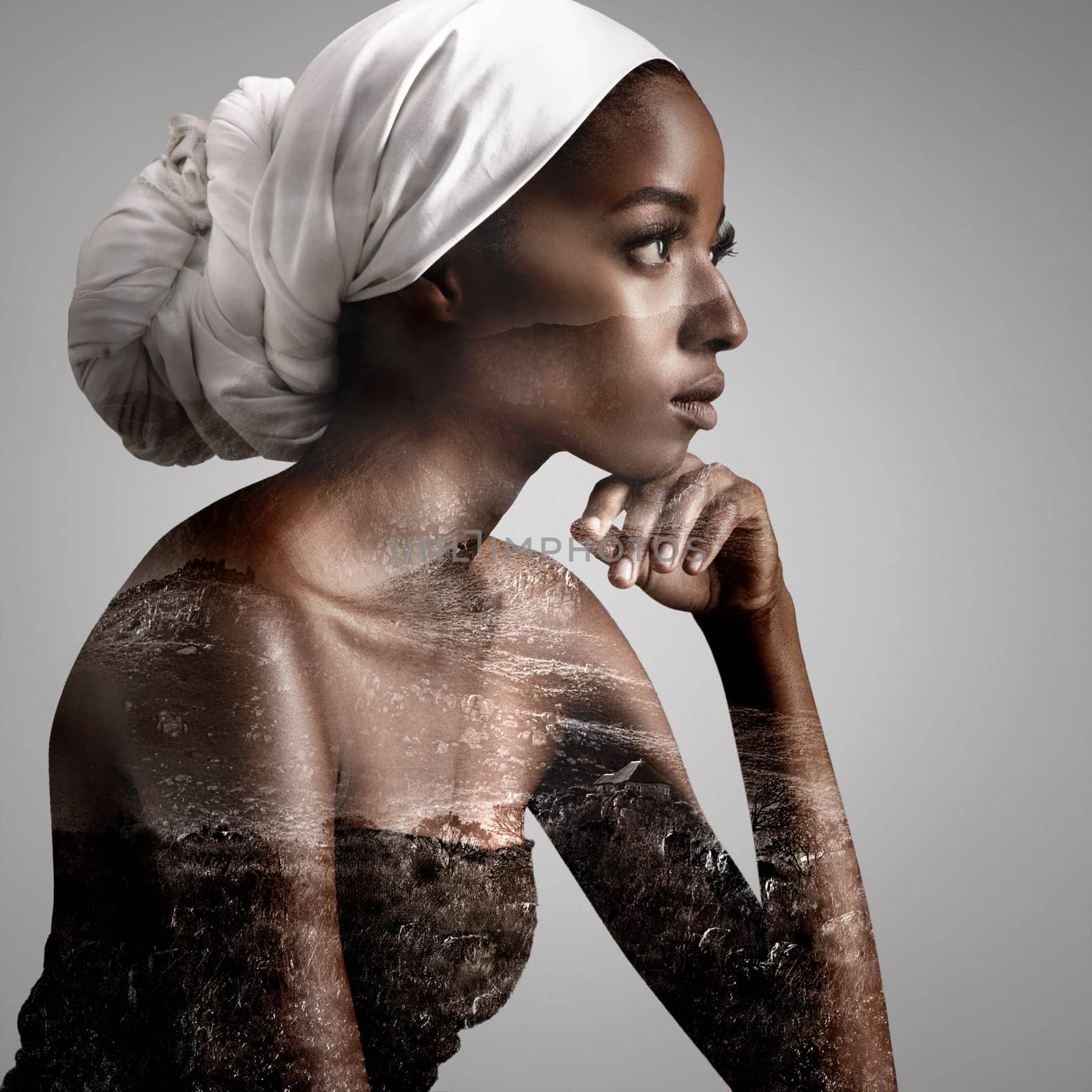 Thinking, beauty and double exposure with black woman in studio for profile, mockup and cosmetics. Abstract, art and overlay with face of female model isolated on gray background for nature and trees by YuriArcurs