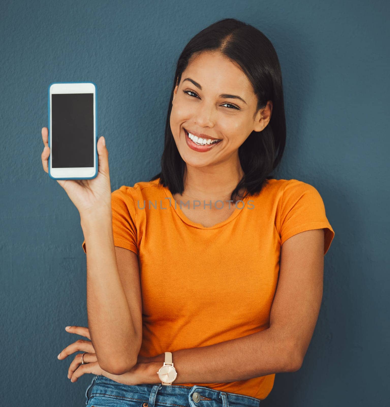 Woman, happy portrait and phone screen mockup for advertising website, network or contact on internet. Face of person with smartphone for ux promotion, about us and display on web for brand or logo.