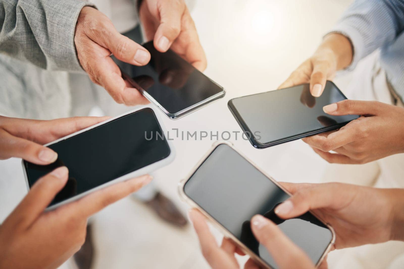 Smartphone, business people and hands with mockup, corporate communication marketing and technology with collaboration. Mobile phone, internet and networking with teamwork, employee group and connect.