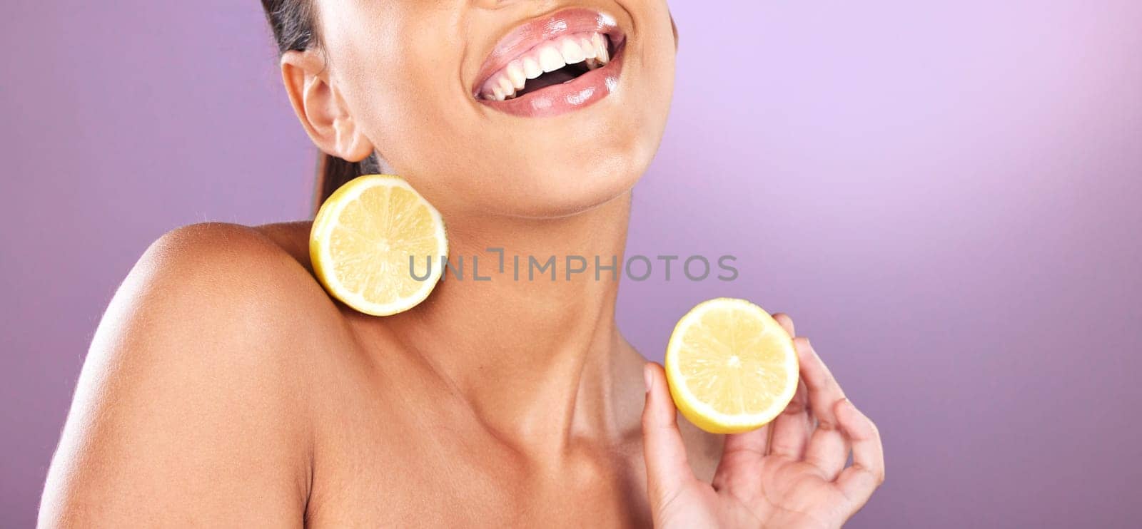 Woman, face skincare or lemon product on purple studio background for organic dermatology, healthcare diet wellness or self care grooming. Zoom, smile or happy beauty model and fruit facial cosmetics.