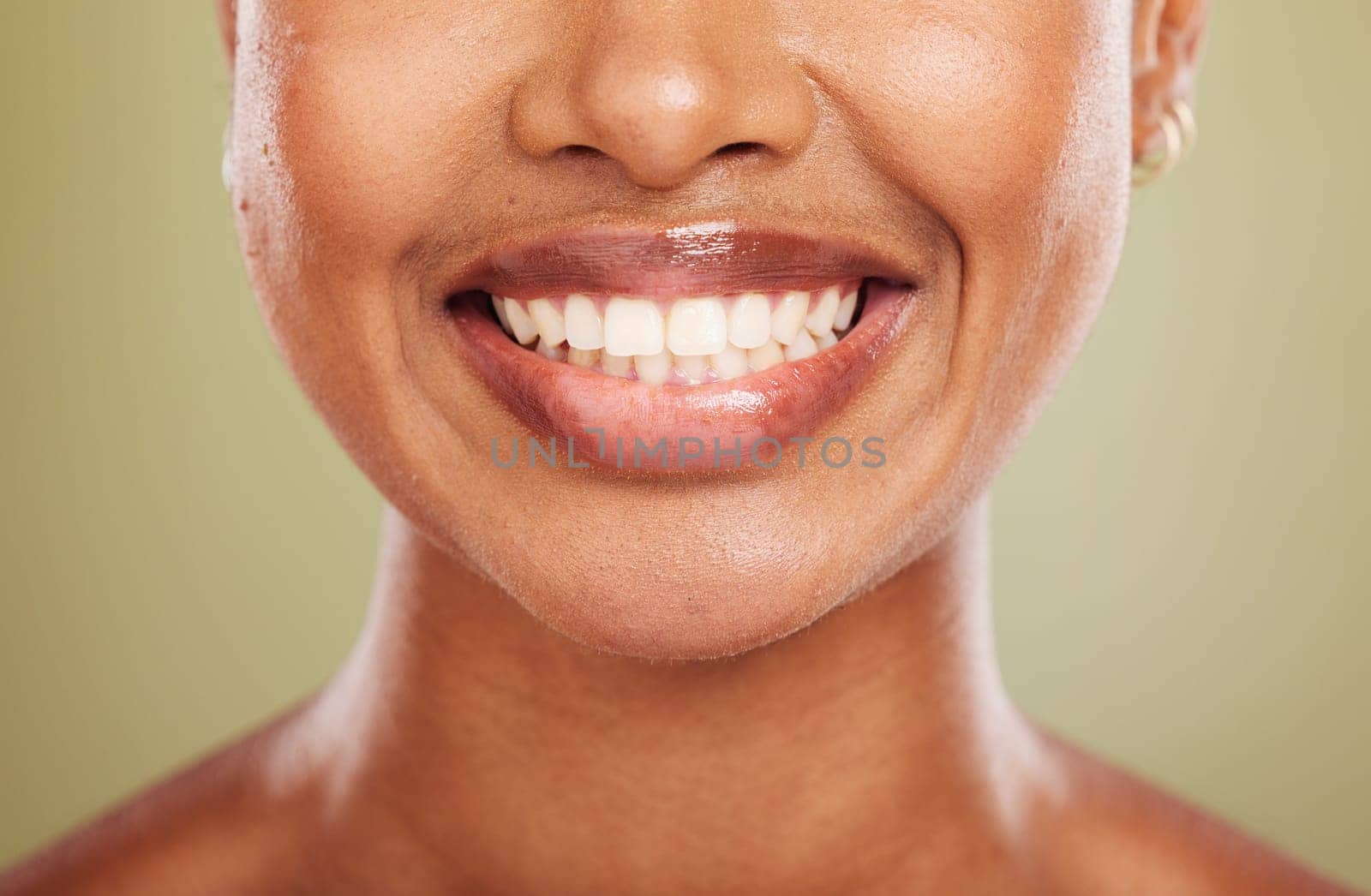 Smile, teeth and mouth of black woman closeup on studio background for dental care or cosmetics. Health, wellness and happy woman with cleaning routine for oral wellbeing and healthy teeth whitening.