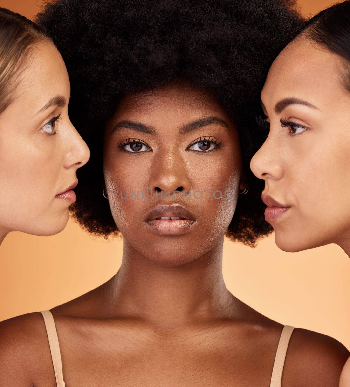 Beauty, diversity and skincare with model woman friends in studio on a pastel color wall background for empowerment. Skin, health and face with a proud female group posing for inclusion or wellness.
