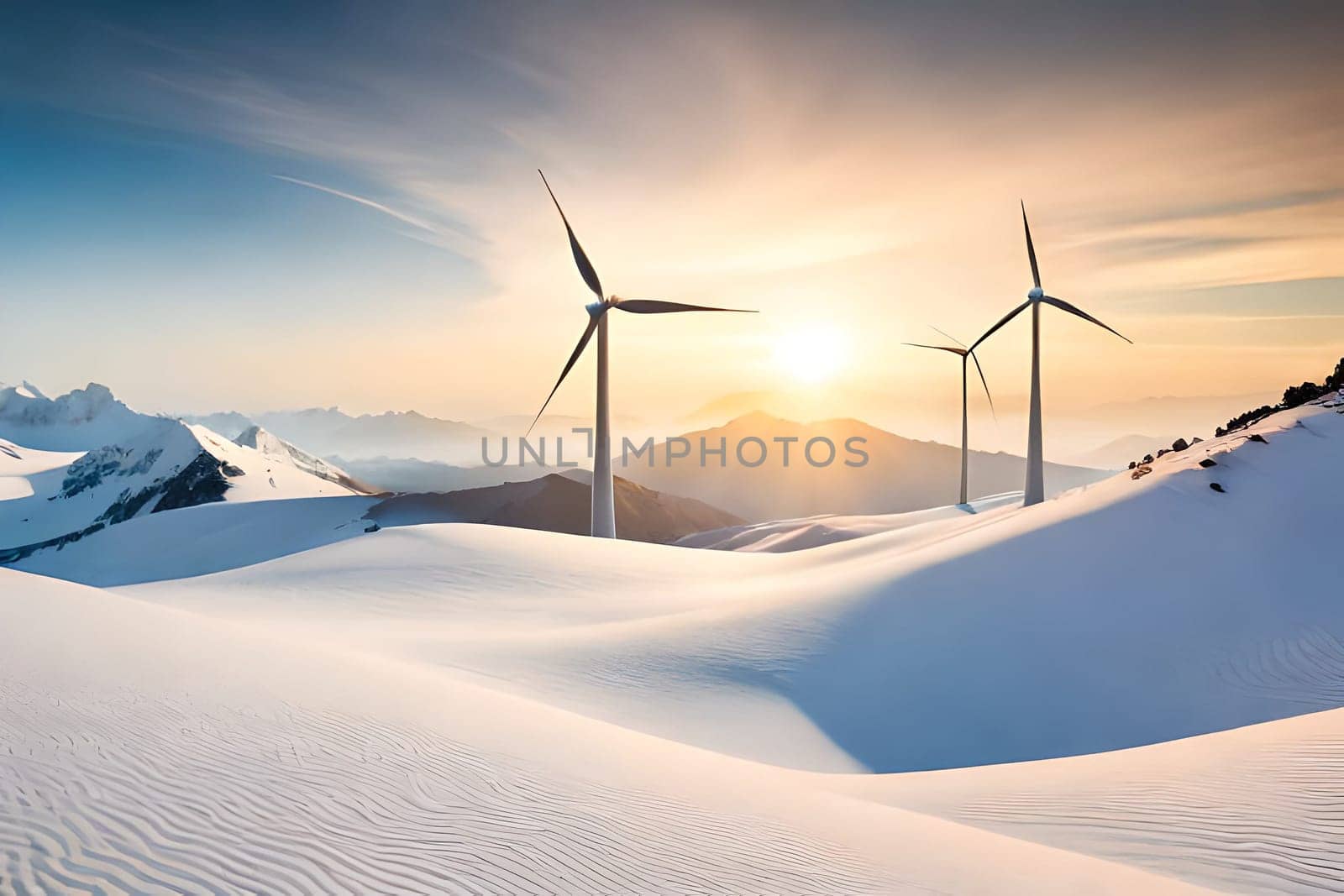 Panoramic view of wind farm or wind park, with high wind turbines for generation electricity with copy space. Green energy concept. Generative AI