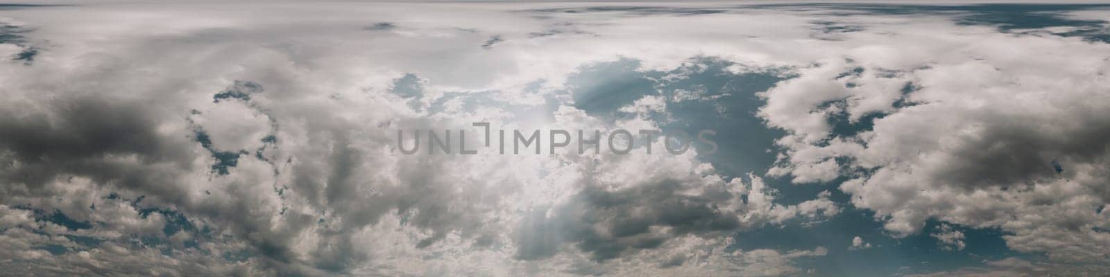 Blue summer sky panorama with puffy Cumulus clouds. HDR 360 seamless spherical panorama. Full zenith or sky dome for 3D visualization, sky replacement for aerial drone panoramas. by panophotograph