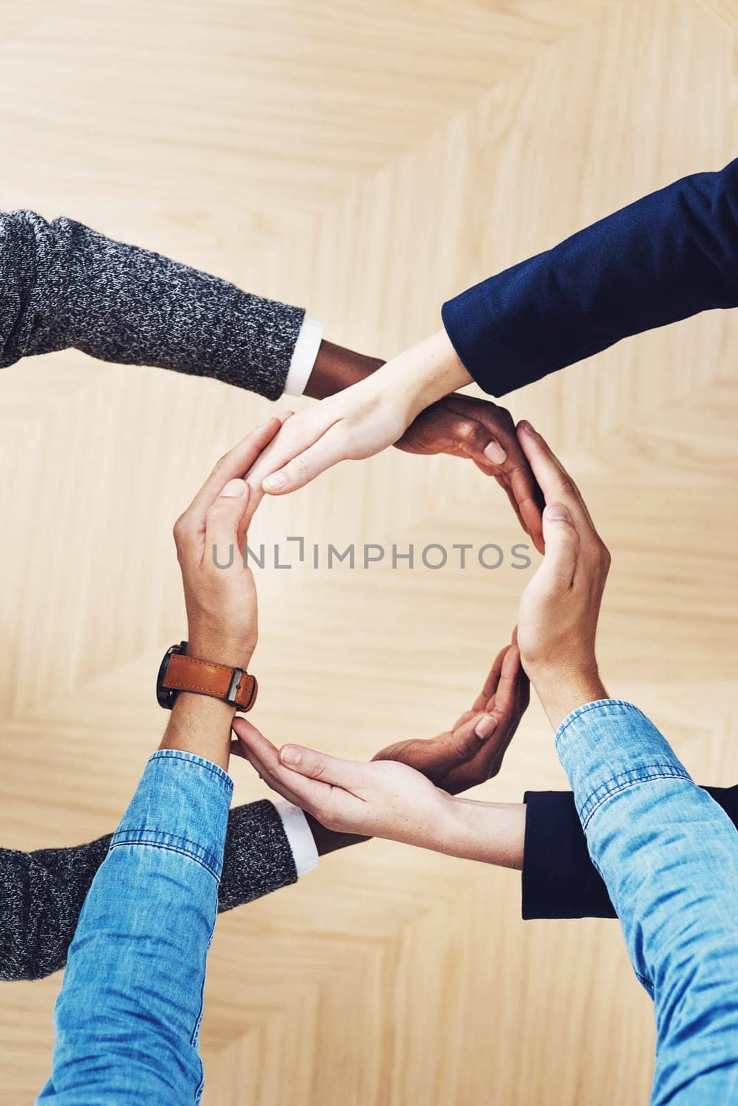 Above, recycling or hands of business people in circle for motivation, support or sustainability in office. Teamwork, recycle or employees for sustainable goals, community help or partnership group by YuriArcurs
