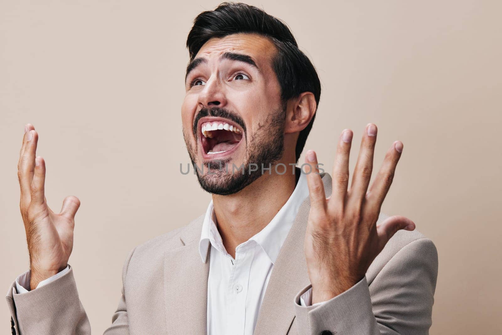 begs man space sad businessman crazy angry gesture depressed up tuxedo boss copy screaming successful work scream suit person business hand hands manager
