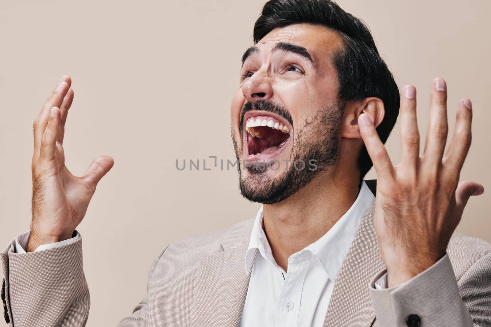 man hands boss shout up businessman yelling mad pleads sad anger screaming yell business crazy tuxedo angry executive stress work suit isolated
