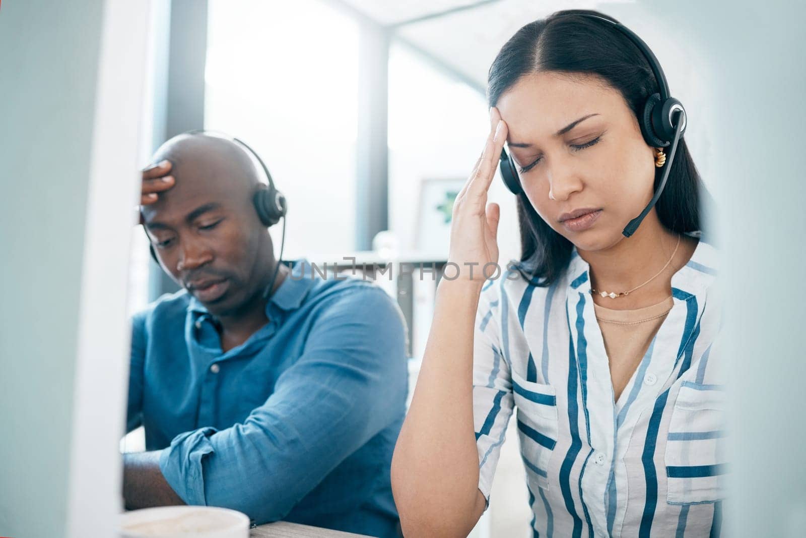 Headache, tired and call center employees with stress, burnout and anxiety from telemarketing. Mental health, sad and customer service workers frustrated with web support, communication and problem.