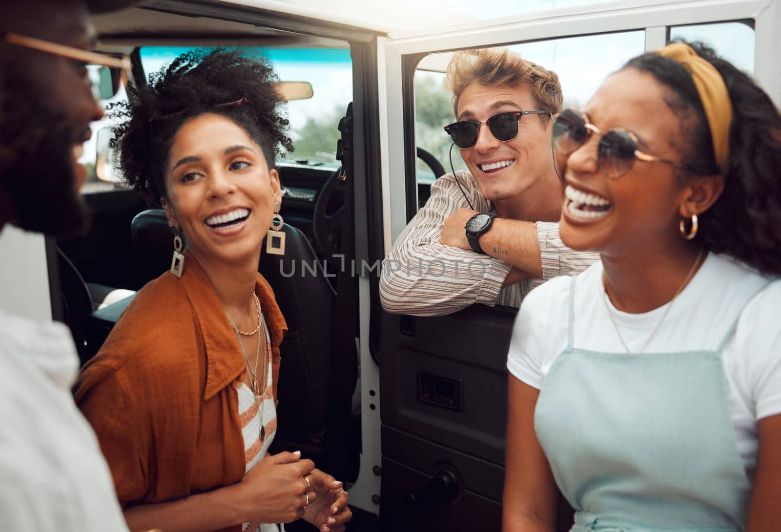 Diversity friends relax during car road trip for travel journey, open road freedom and fun holiday adventure to Australia. Driving SUV van, transportation and happy young group of people on vacation.