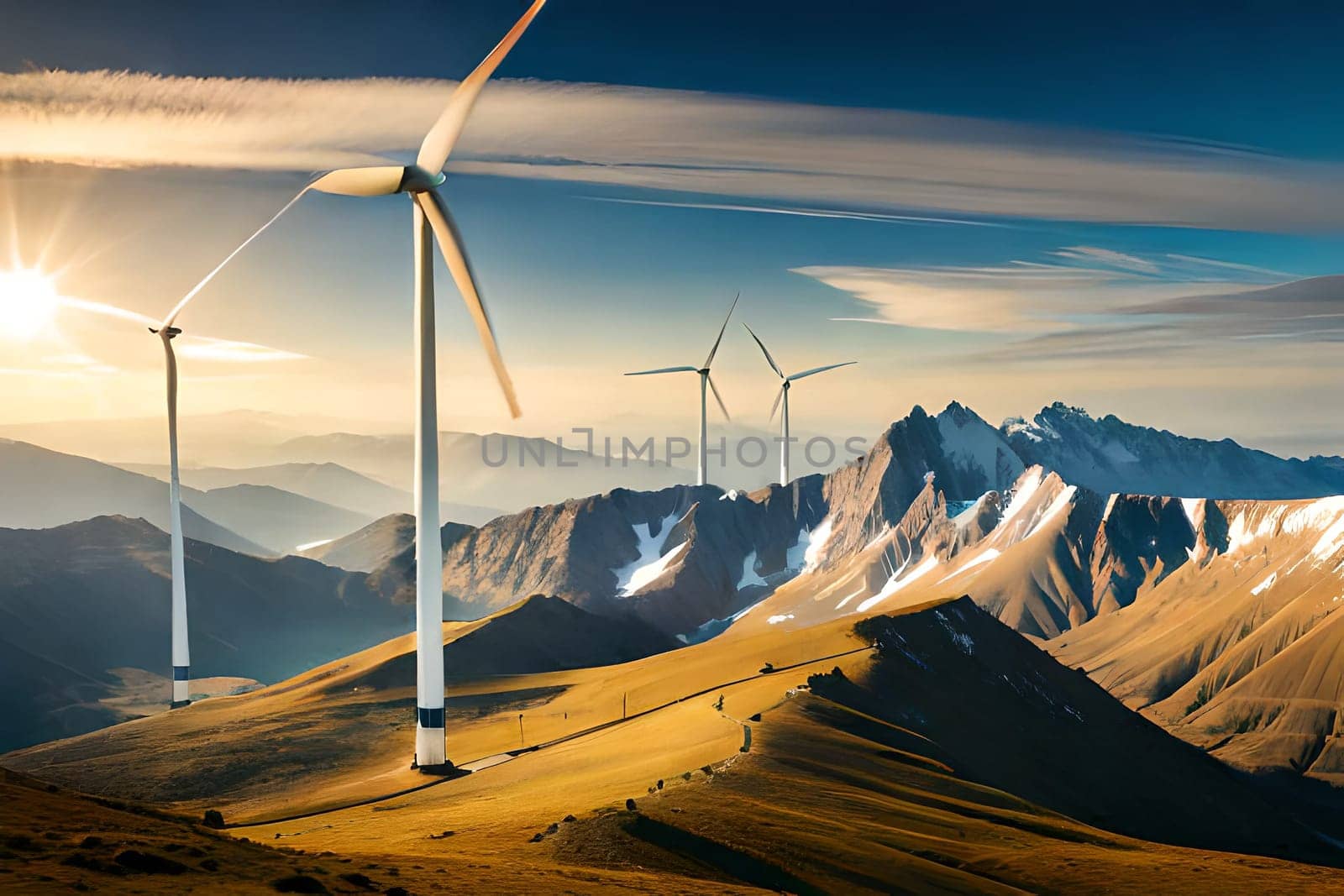 Panoramic view of wind farm or wind park, with high wind turbines for generation electricity with copy space. Green energy concept. Generative AI