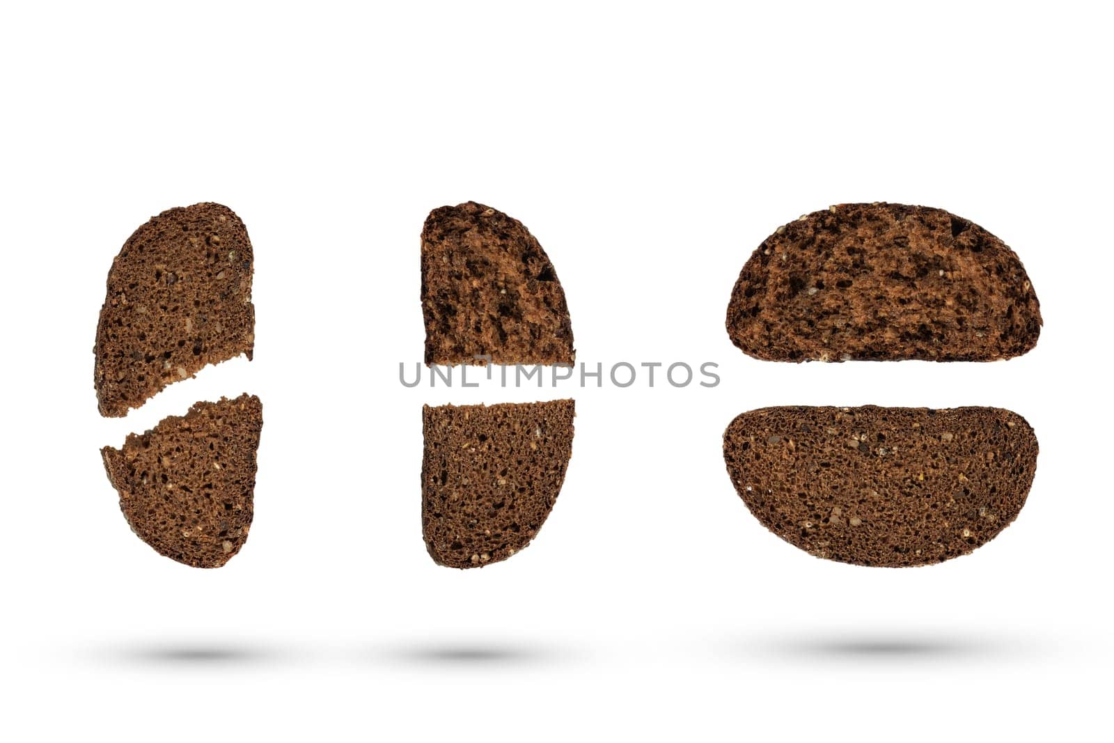 Slices of black bread on a white isolated background. Mockup of bread slices for a sandwich on a white background. Delicious breakfast concept. by SERSOL