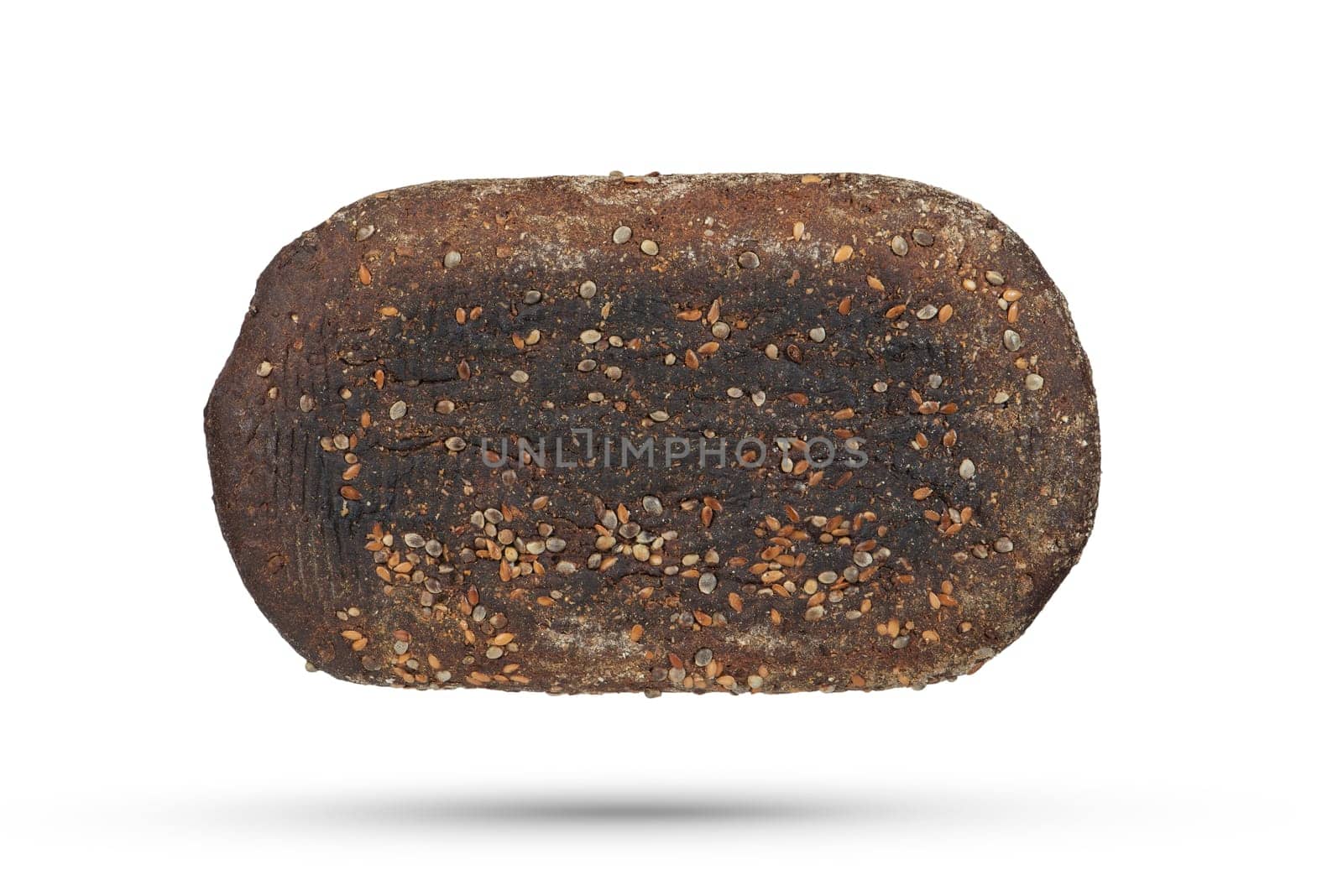 Black loaf of bread on a white isolated background. Loaf hanging or falling on a white background. Delicious breakfast concept. Bottom view. by SERSOL