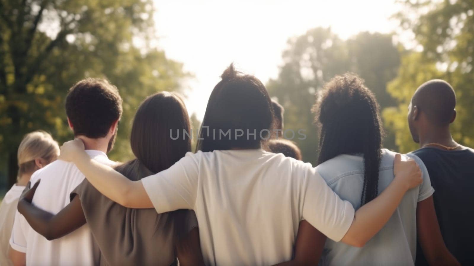 Multiracial and diversity concept. Diverse people hugging each other. Generative AI by Veiksme