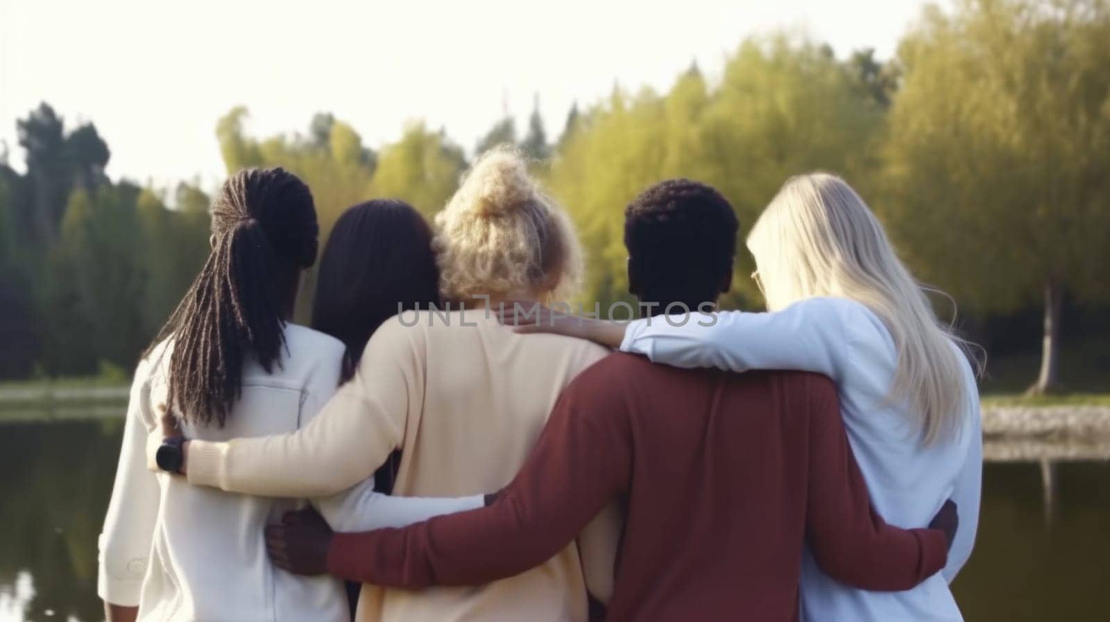Multiracial and diversity concept. Diverse people hugging each other. Generative AI by Veiksme