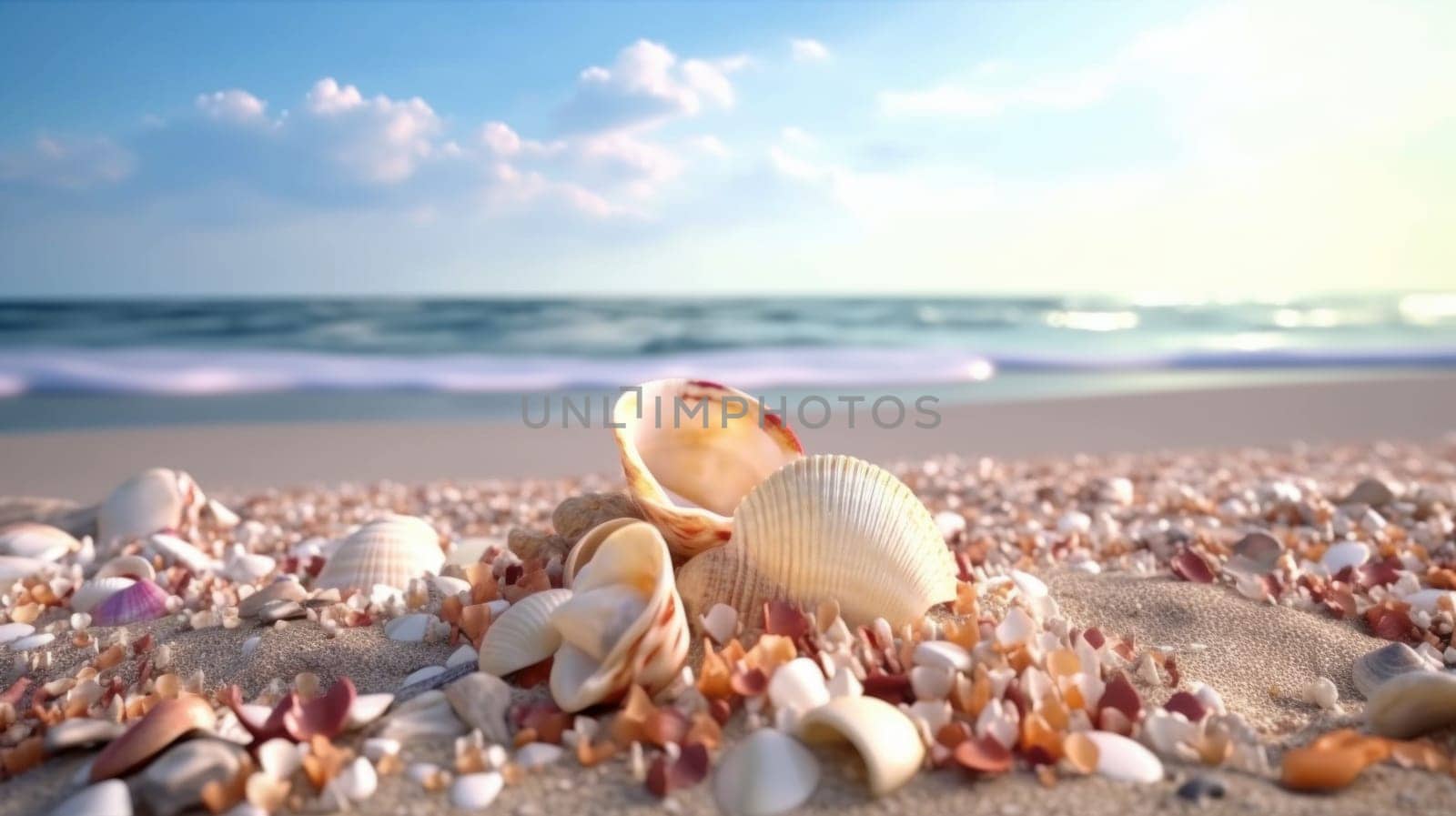 Shells on sandy beach. Generative AI